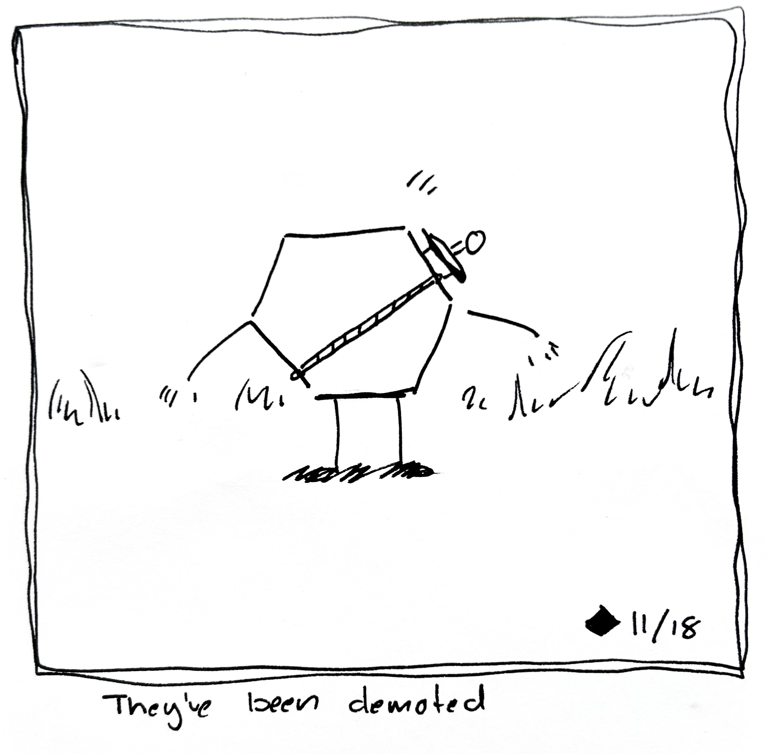 The warrior is surprised to discover they have six sides instead of 8. The caption reads "They've been demoted"