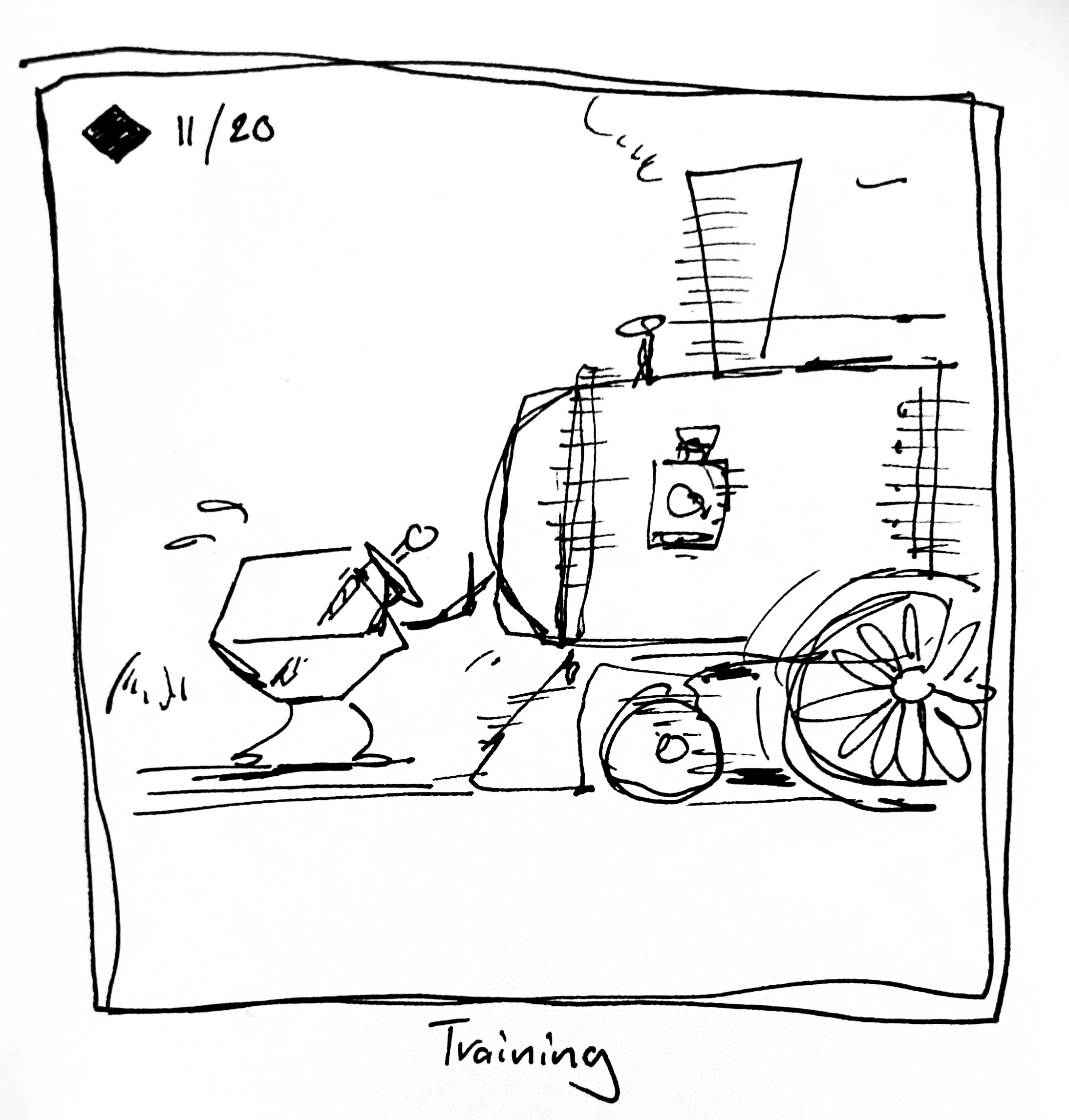 The warrior tries to stop a moving train. the caption reads "training"