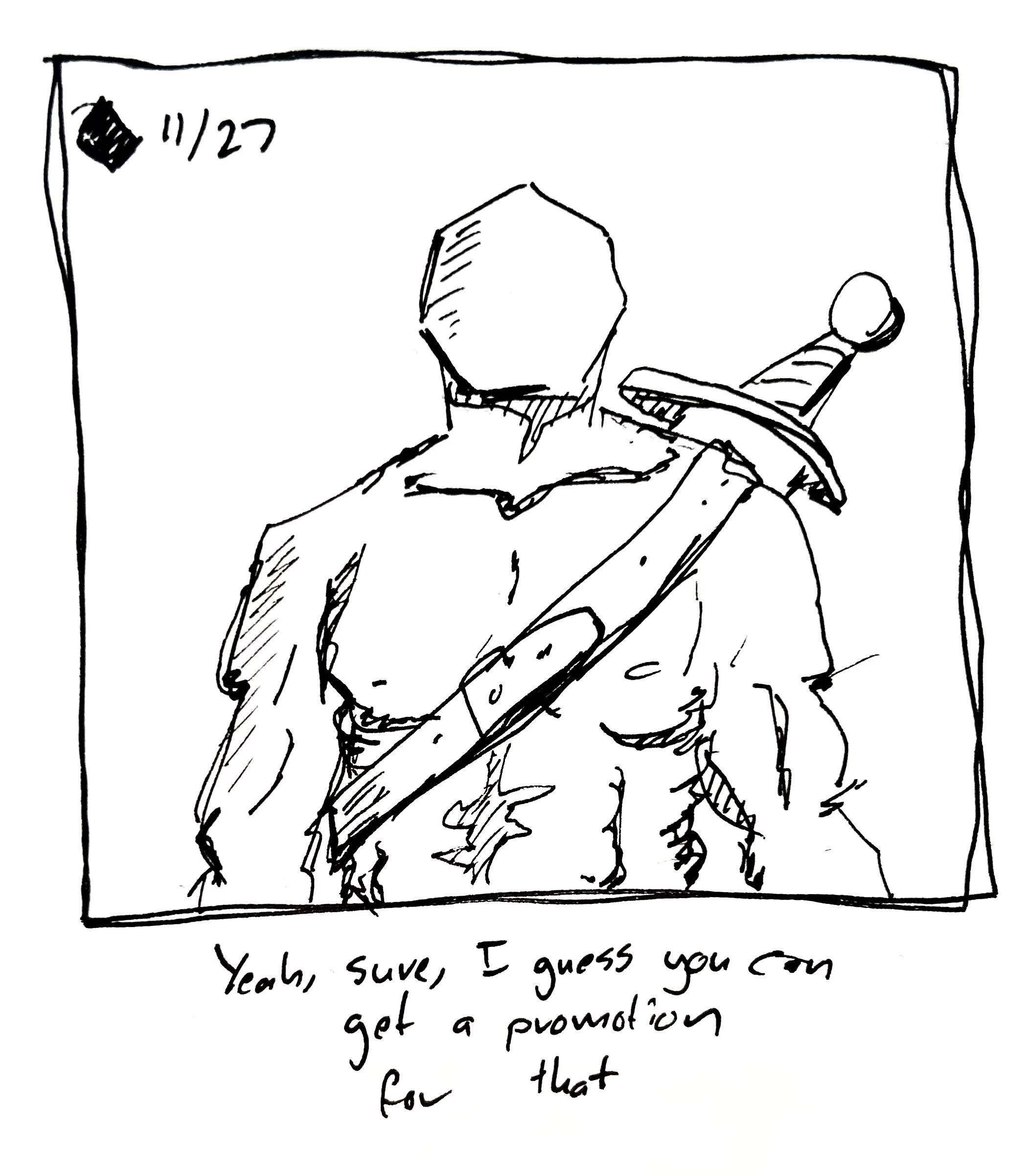 The Warrior, now with 7 sides, has a realistic, muscular body. The caption reads "Yeah sure, I guess you can get a promotion for that"