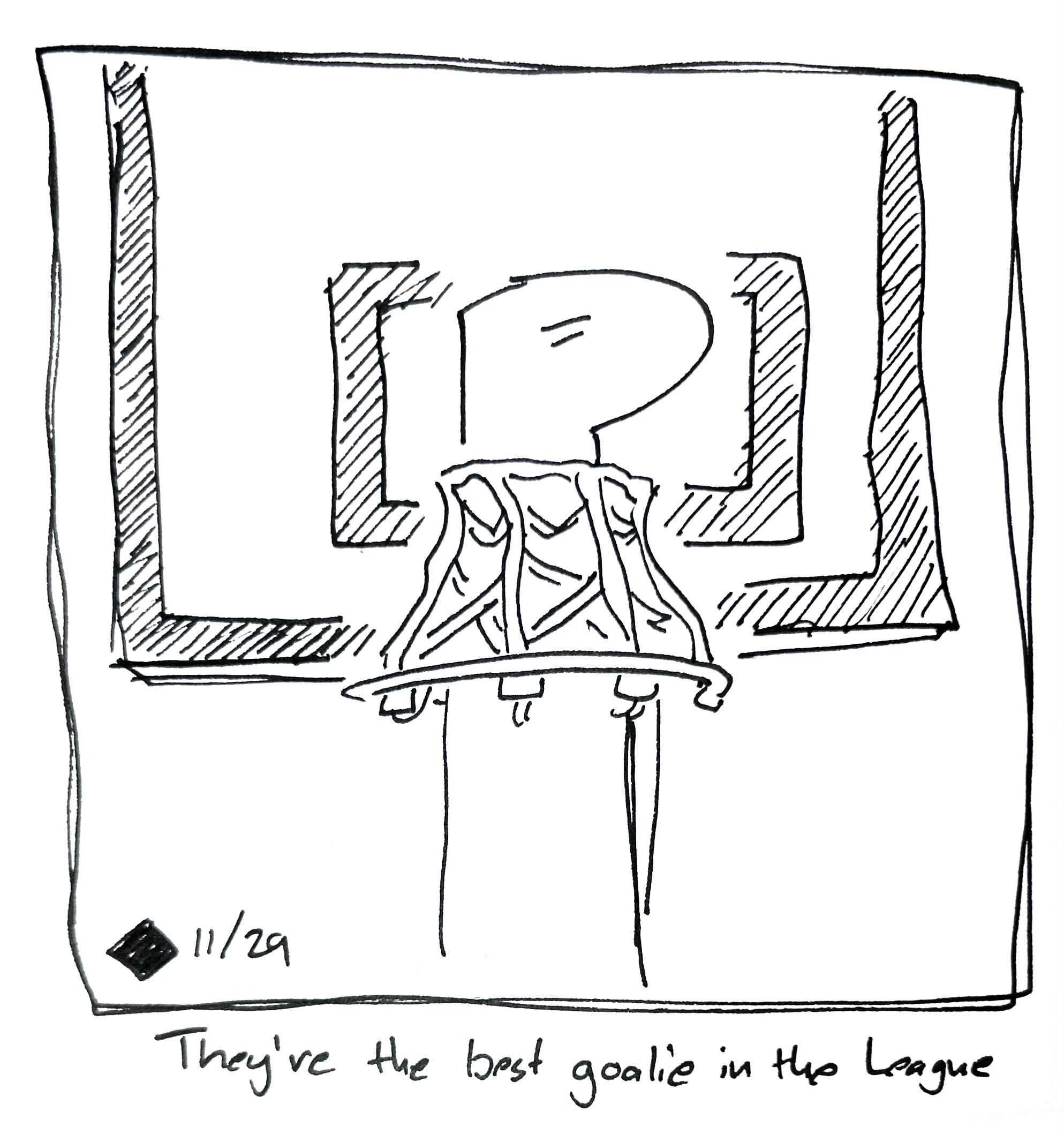 The tall one sticks their head up through the net of a basketball hoop. The caption reads "They're the best goalie in the league"