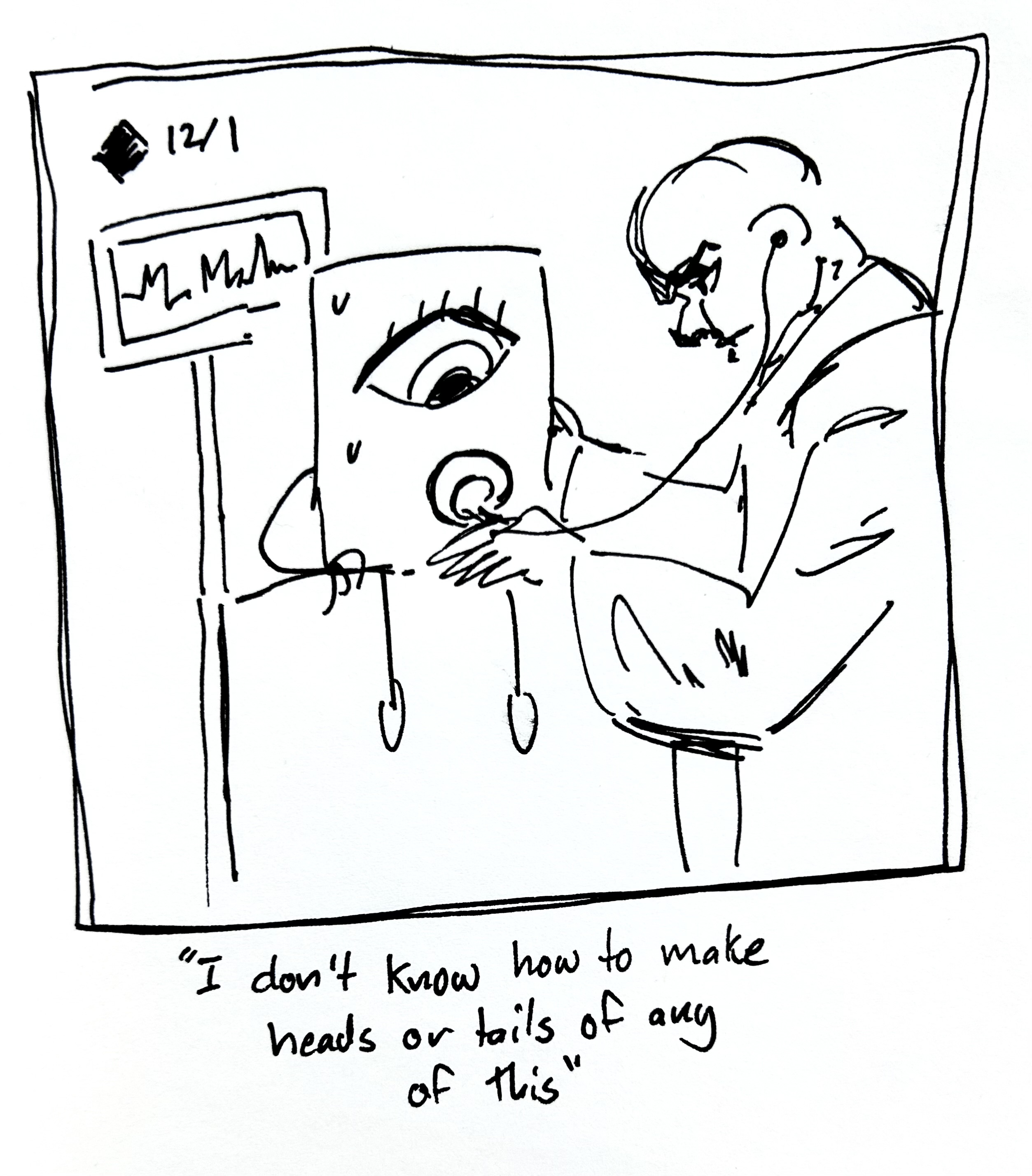 A doctor checks the Little Guy's heartbeat. The Little Guy looks nervous. The caption reads "I don't know how to make heads or tails of any of this"