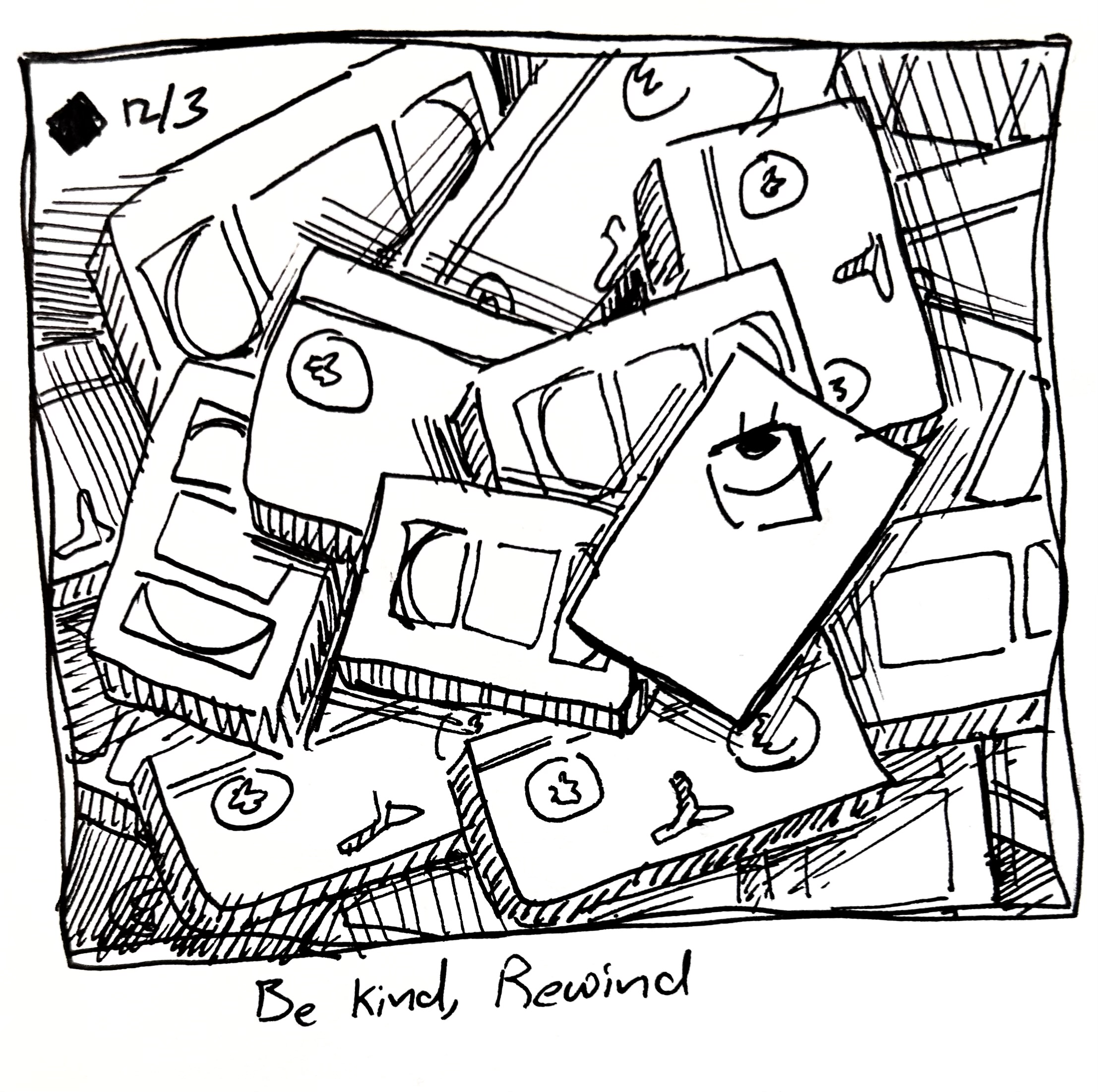 The little guy is on top of a stack of vhs tapes. The caption reads "Be Kind, Rewind"