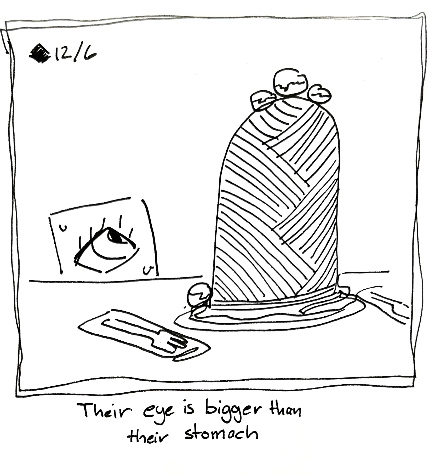 The Little Guy stares nervously at a towering plate of spaghetti and meatballs. The caption reads "their eye is bigger than their stomach"