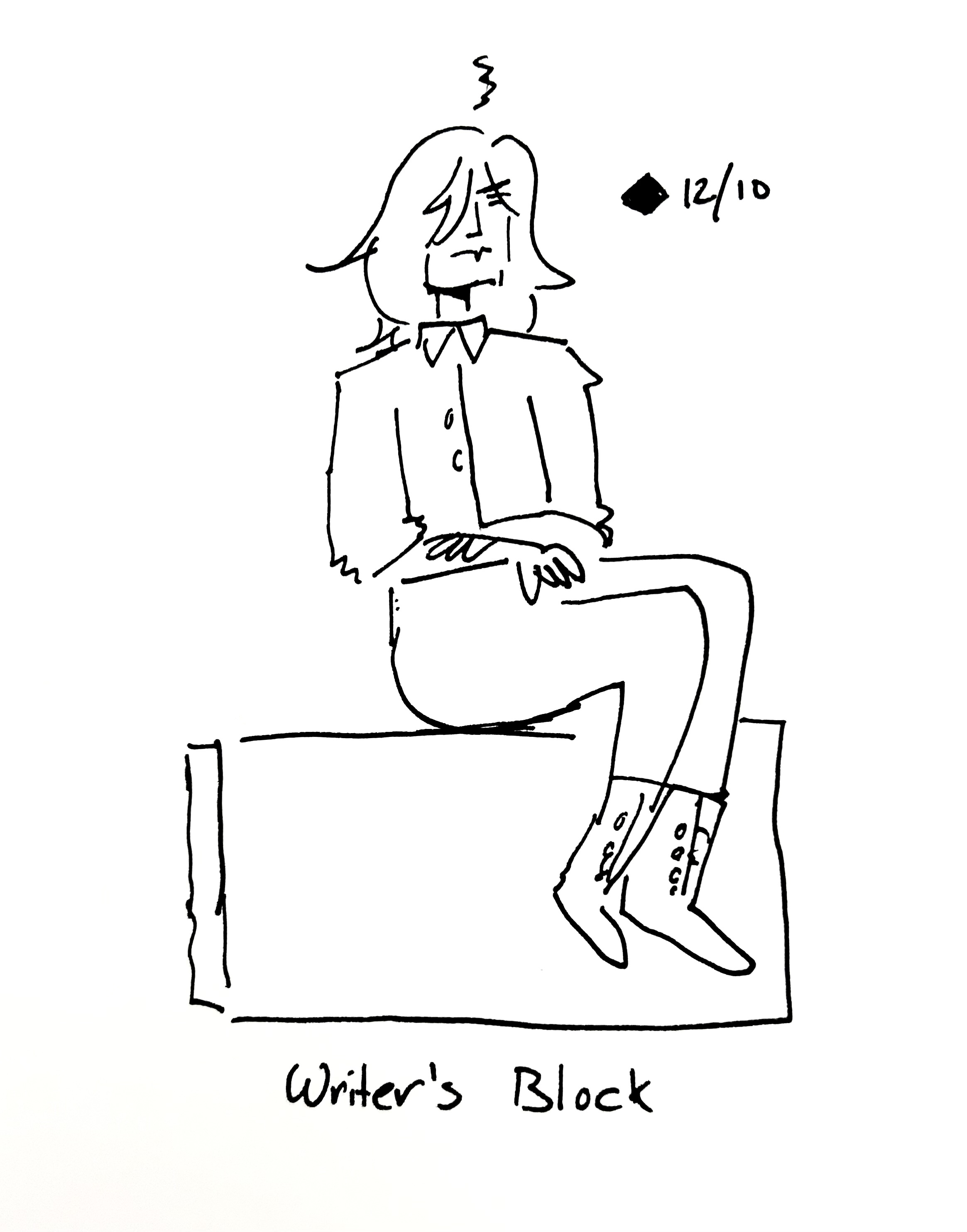 the artist sits on a block in the void. The caption reads "Writer's Block"