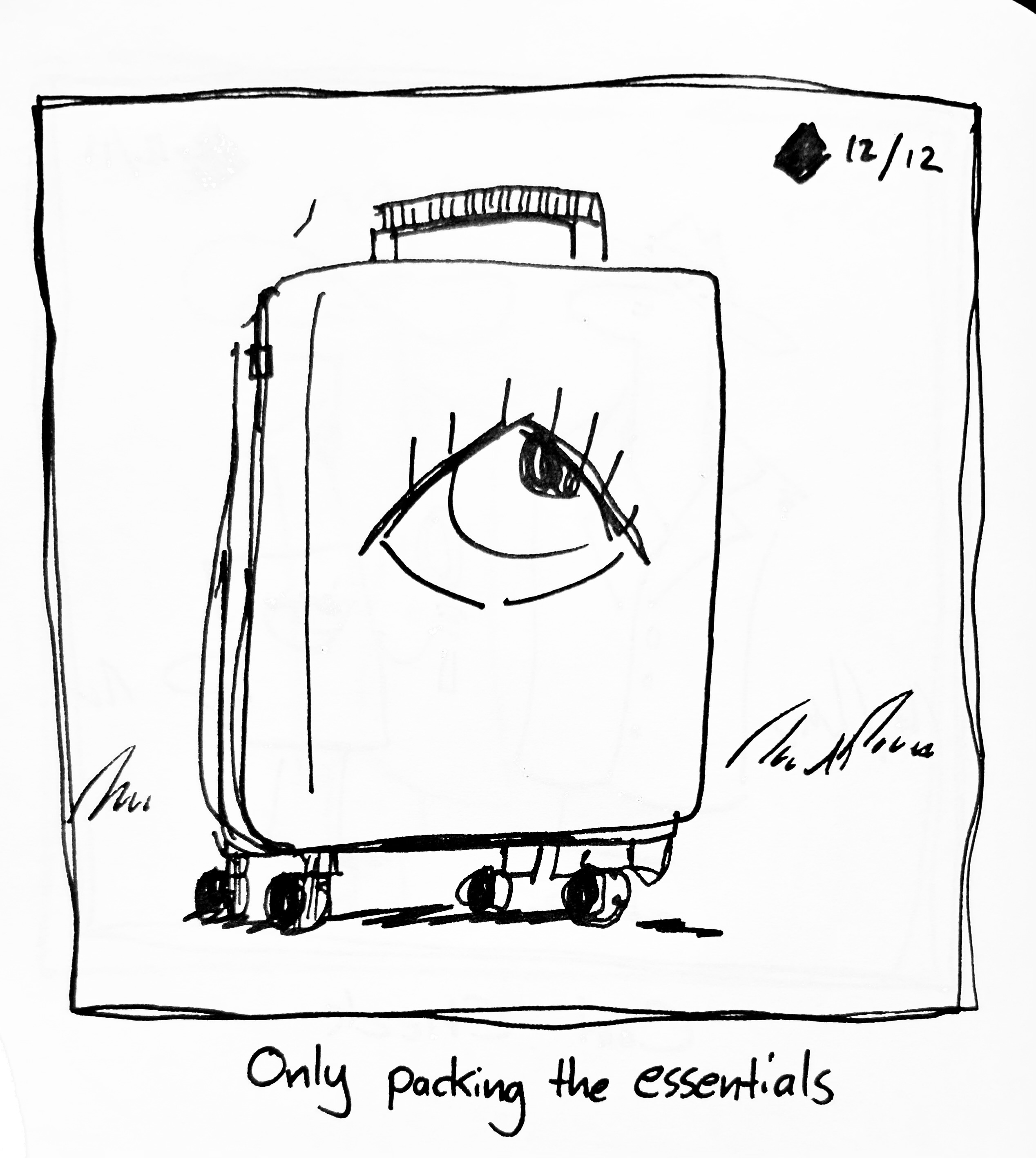 the little guy is shaped like a travel suitcase. the caption reads "only packing the essentials"