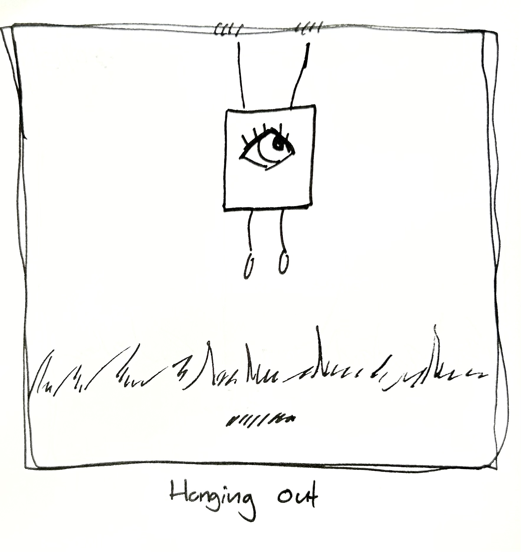 The little guy hangs on to the top of the panel, dangling a little. The caption reads "hanging out"