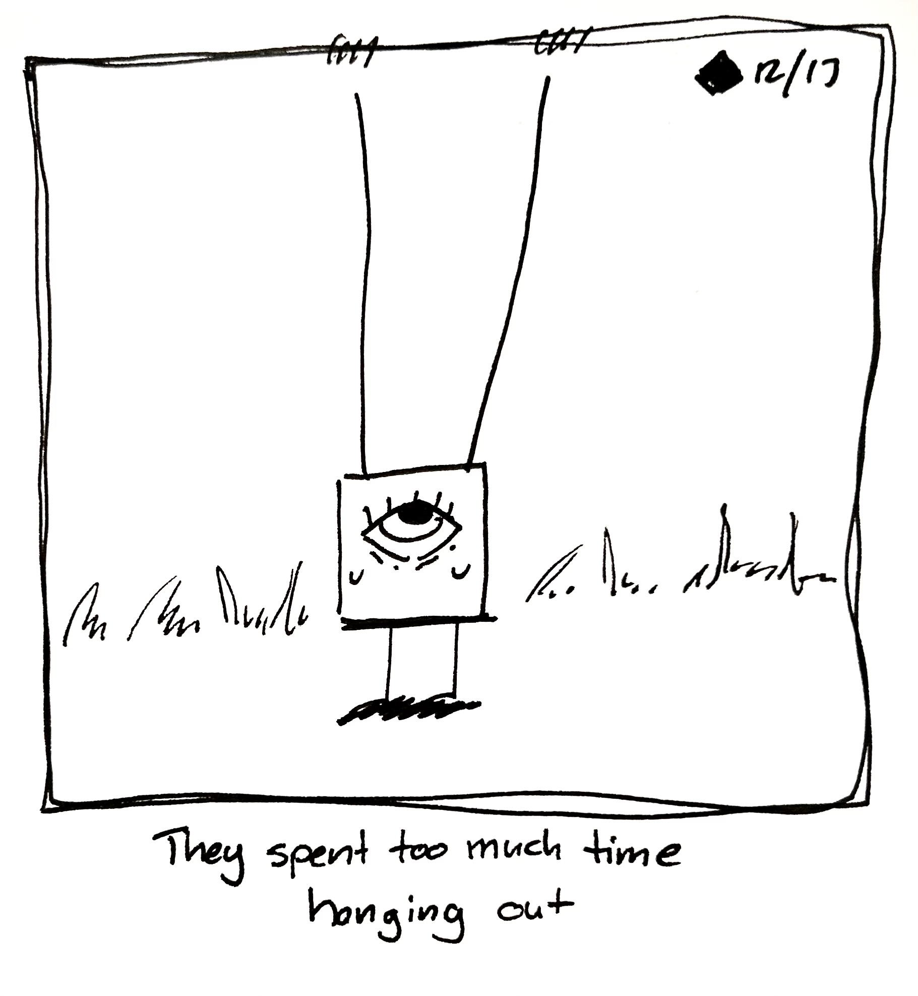 The little guy's arms hav stretched out so long that they can touch the ground while still gripping the top of the panel. The caption reads "They spent too much time hanging out"