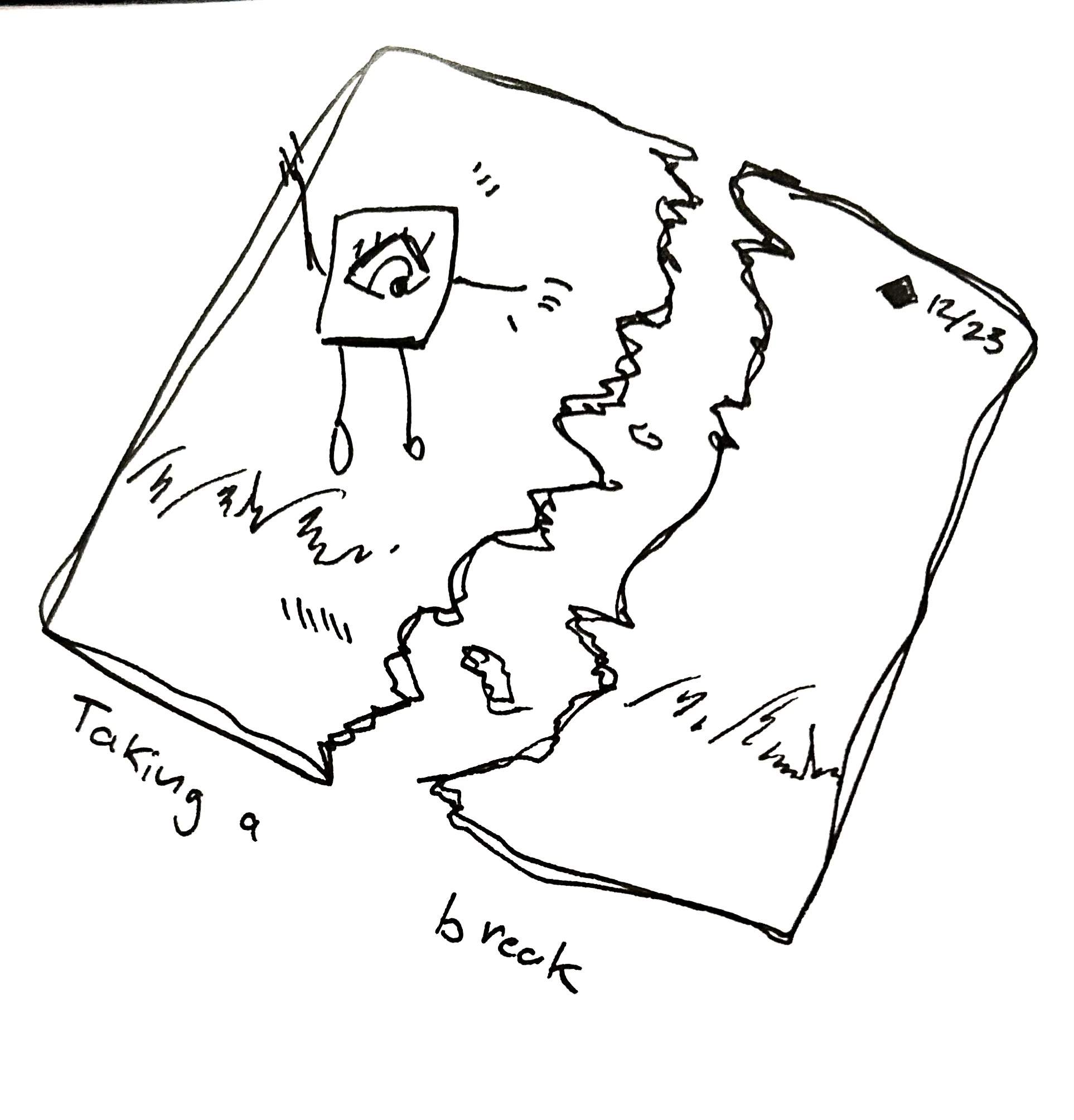 The little guy hangs onto the edge of the panel as the panel is violently split in two. The caption reads "taking a break"