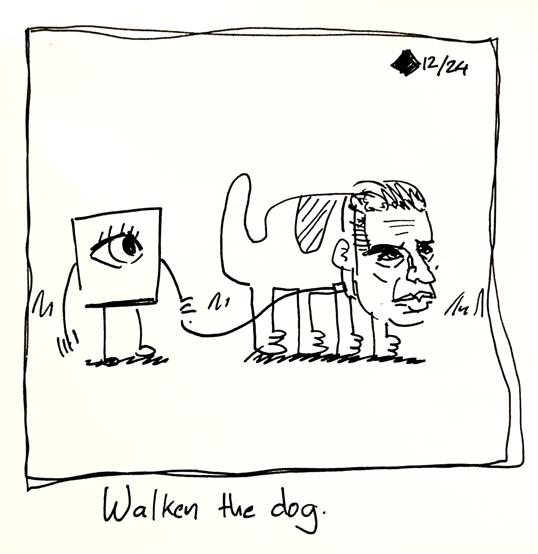 The little guy walks a dog with Christopher Walken's face. The caption reads "Walken the dog"