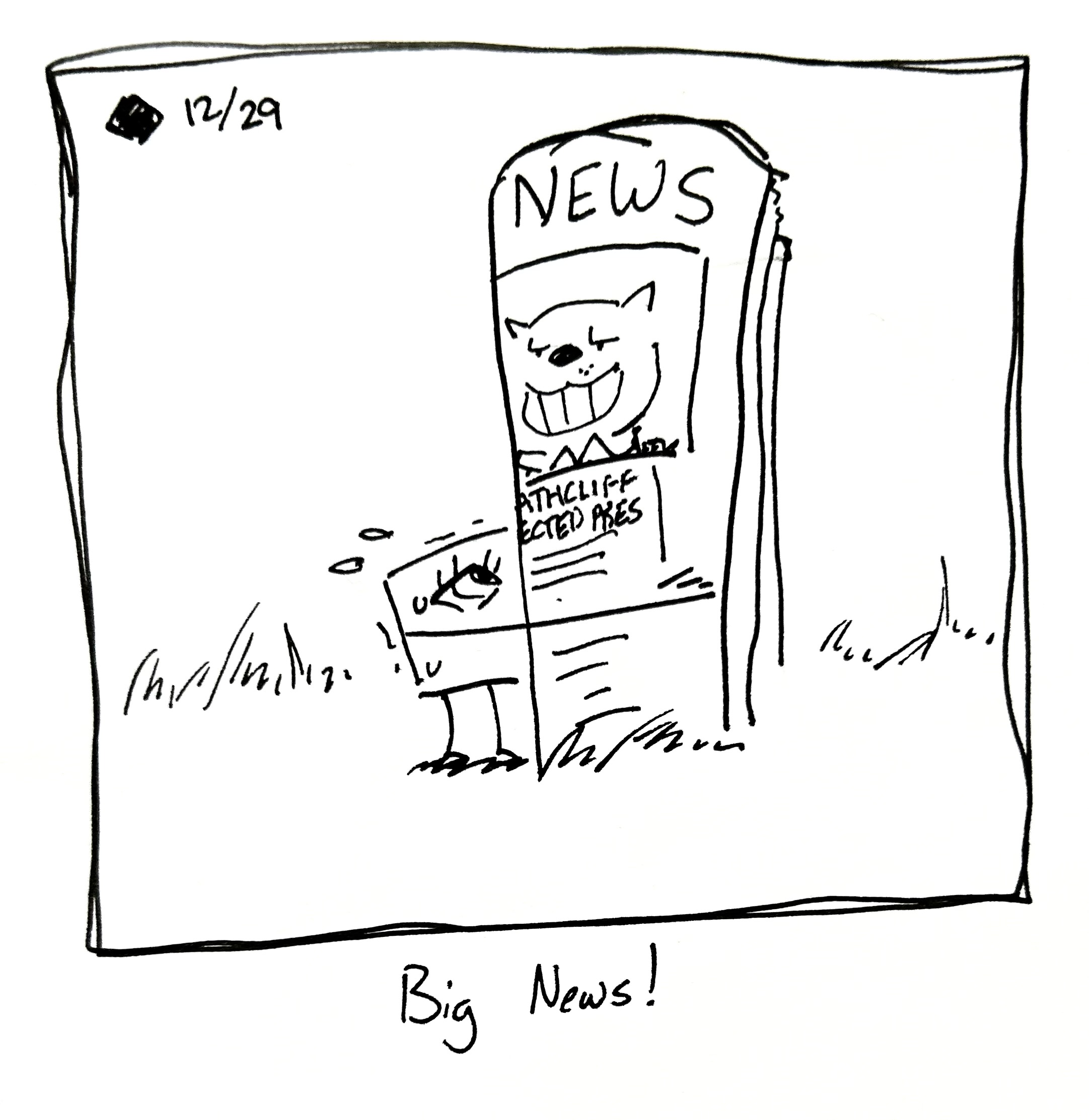 The little guy struggles to hold up a big newspaper. The newspaper's headline reads "Heathcliff elected pres" and shows heathcliff grinning in a suit. The caption reads "big news!"