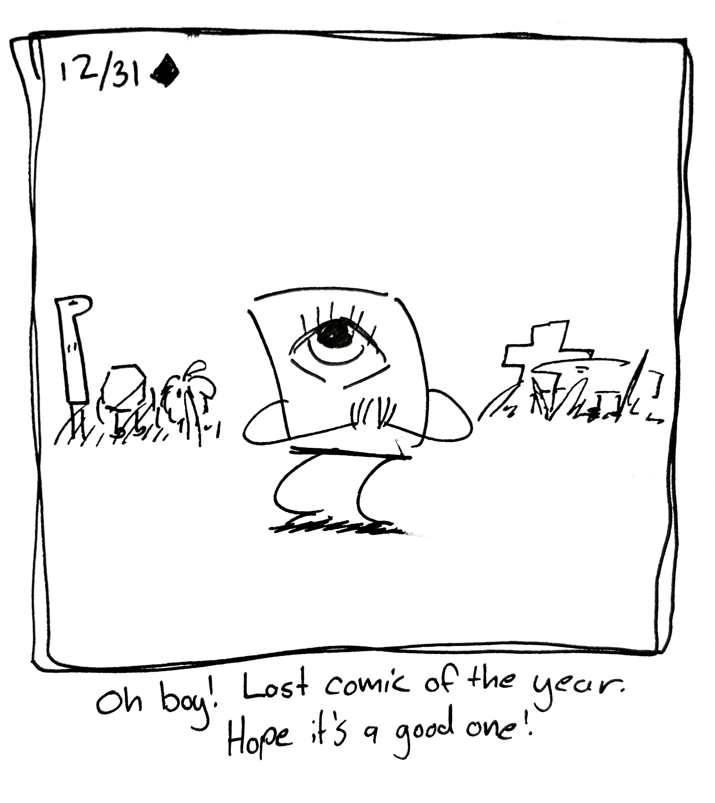 The little guy rubs their hands together as the tall one, the warrior, the mercenary, thewide one, and the plus guy look on. The caption reads "Oh boy! Last comic of the year. Hope it's a hood one!"