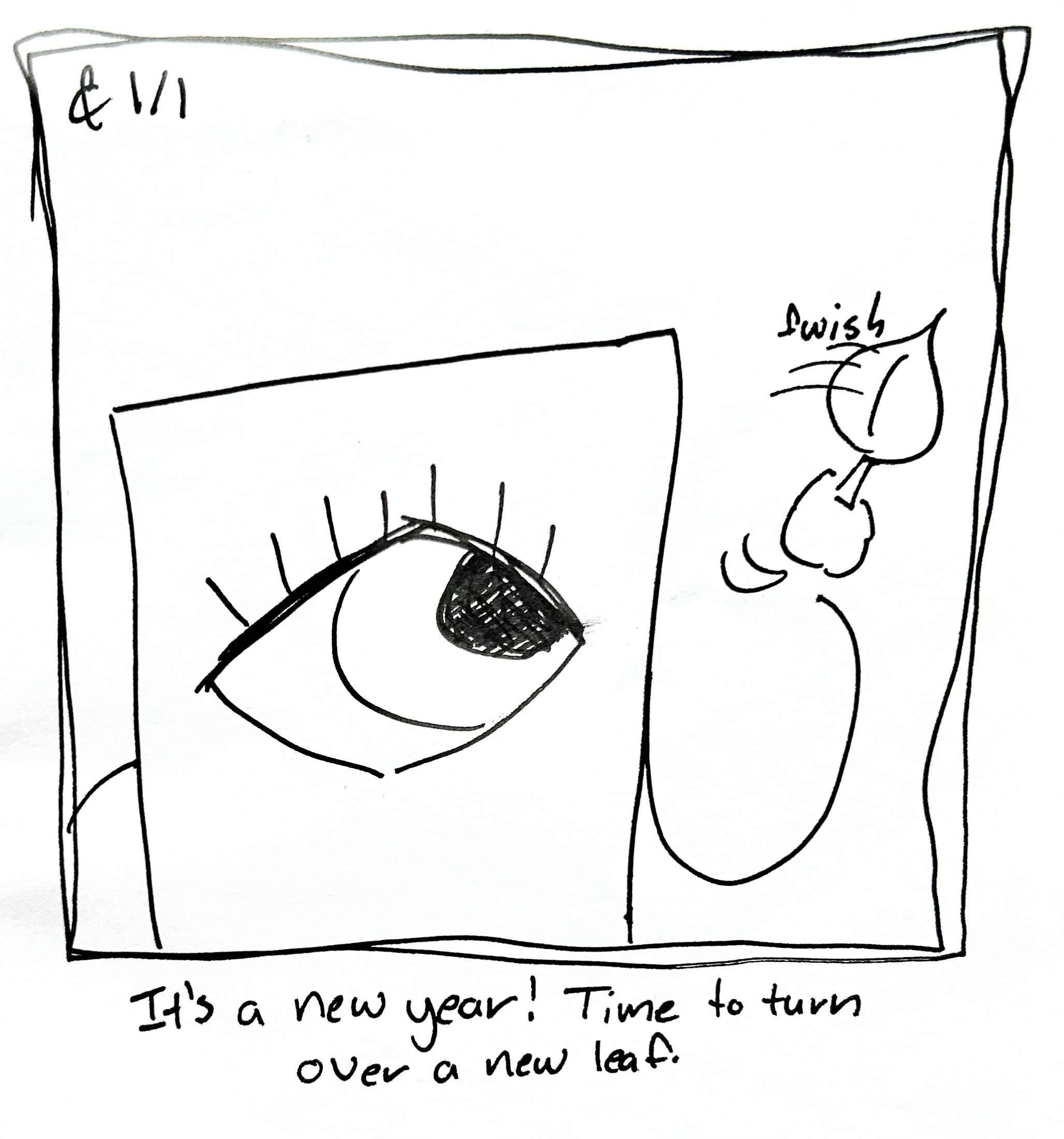 The little guy flips over a leaf. The caption reads "it's a new year! Time to tuen over a new leaf"