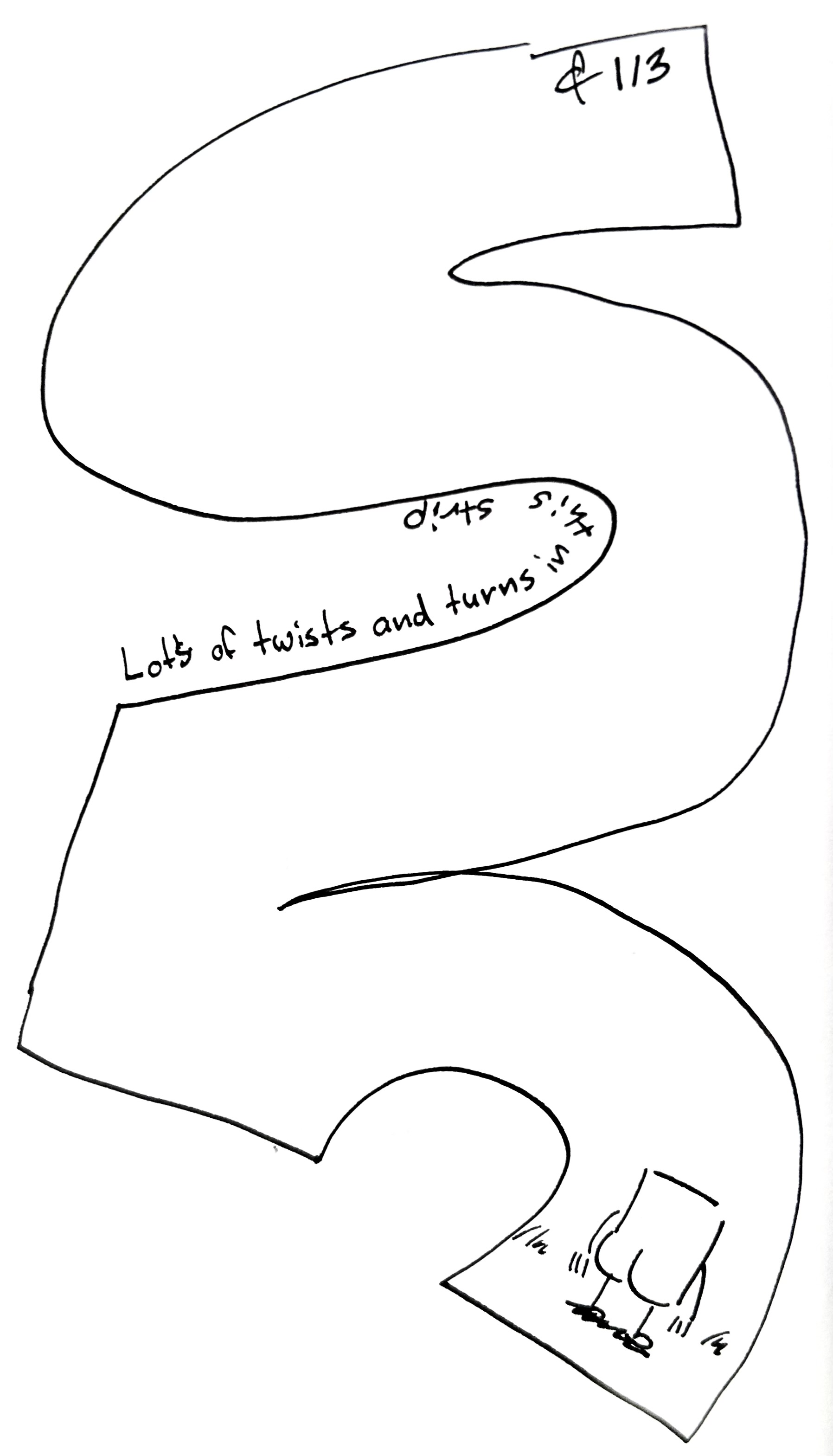 A long, winding strip that ultimately ends with the little guy showing their butt. The caption reads "lots of twists and turns in this strip"