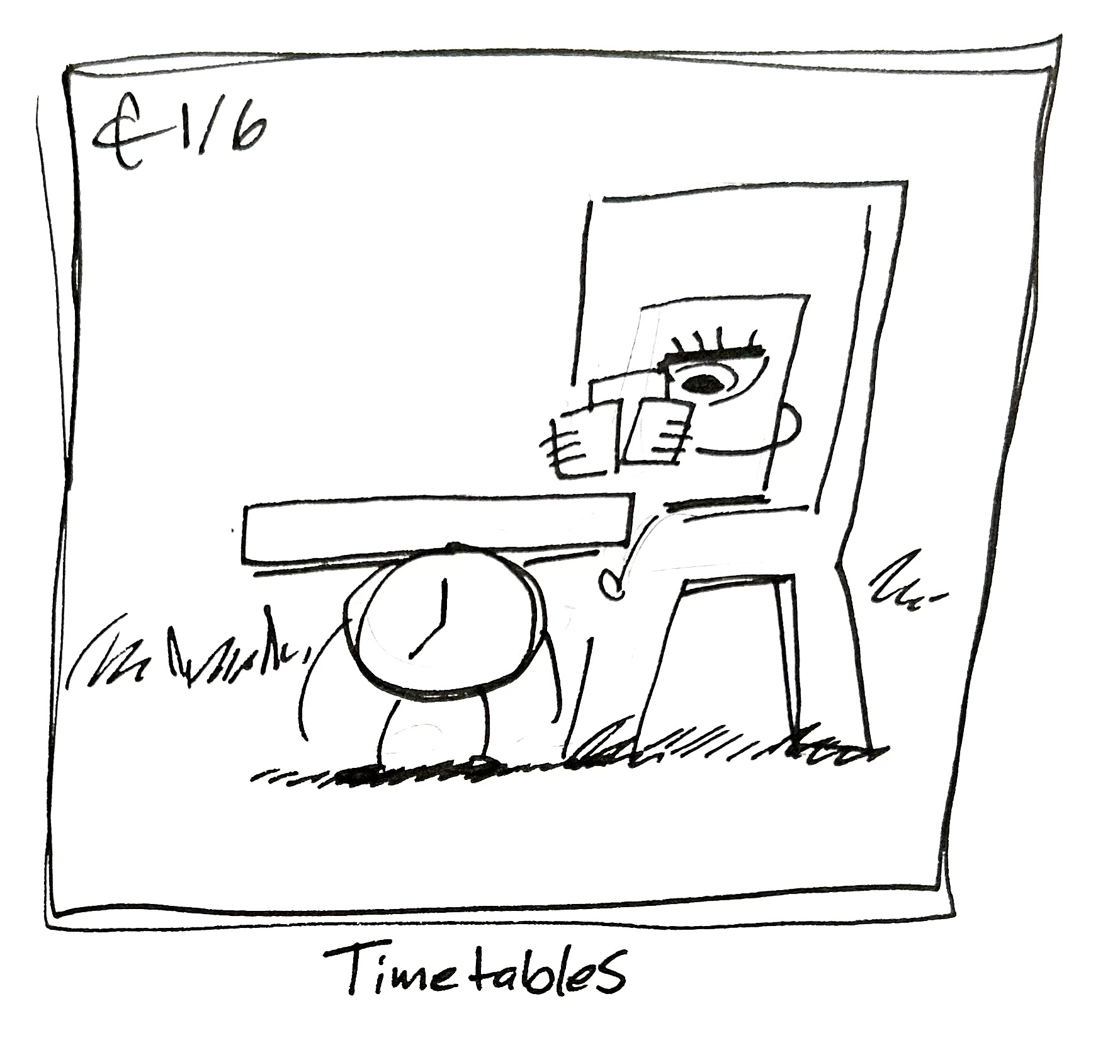The little guy plays with some cards on a table balanced on Time's head. The caption reads "timetables"