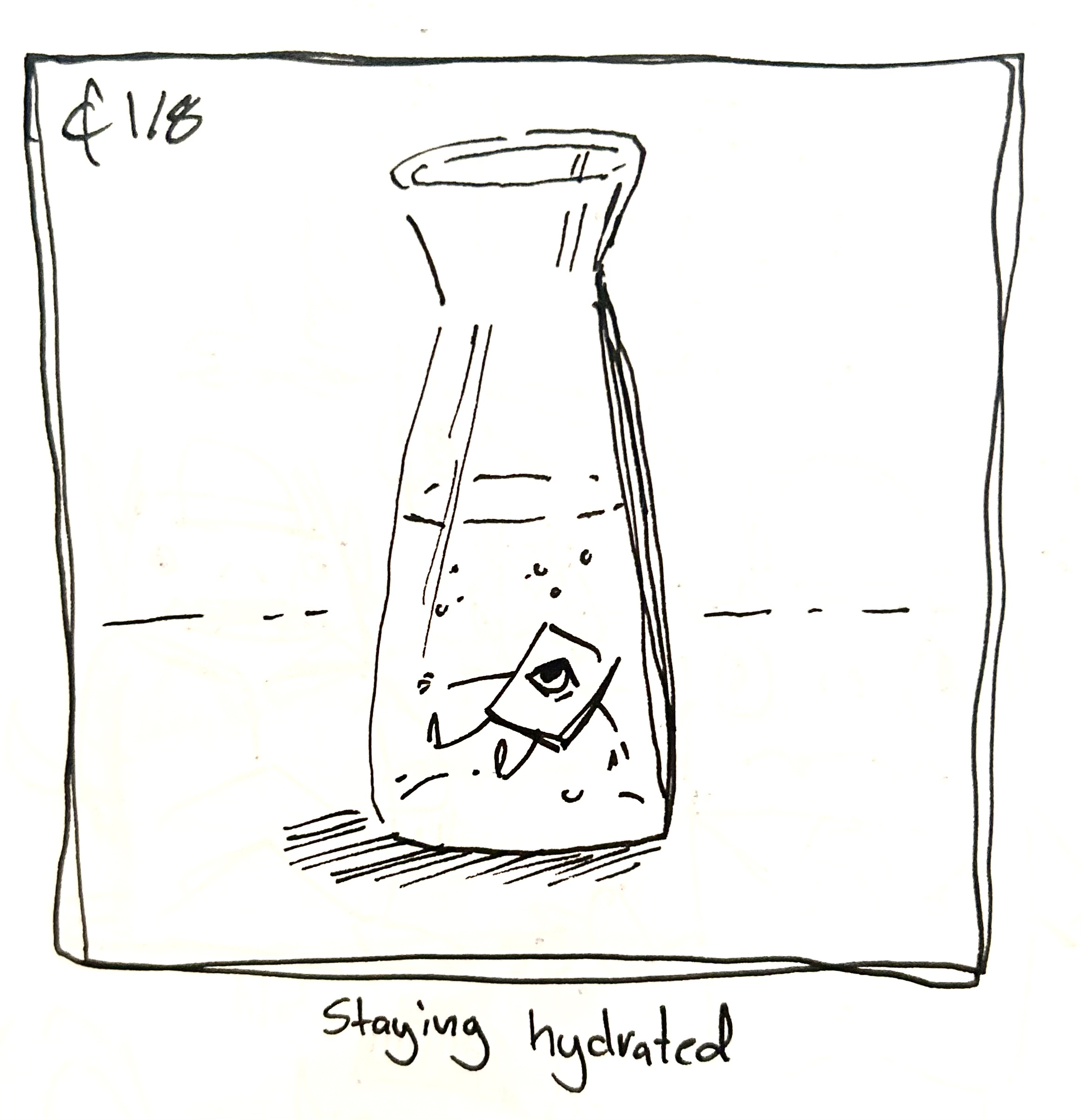 The little guy floats in a pitcher of water. The caption reads "staying hydrated"