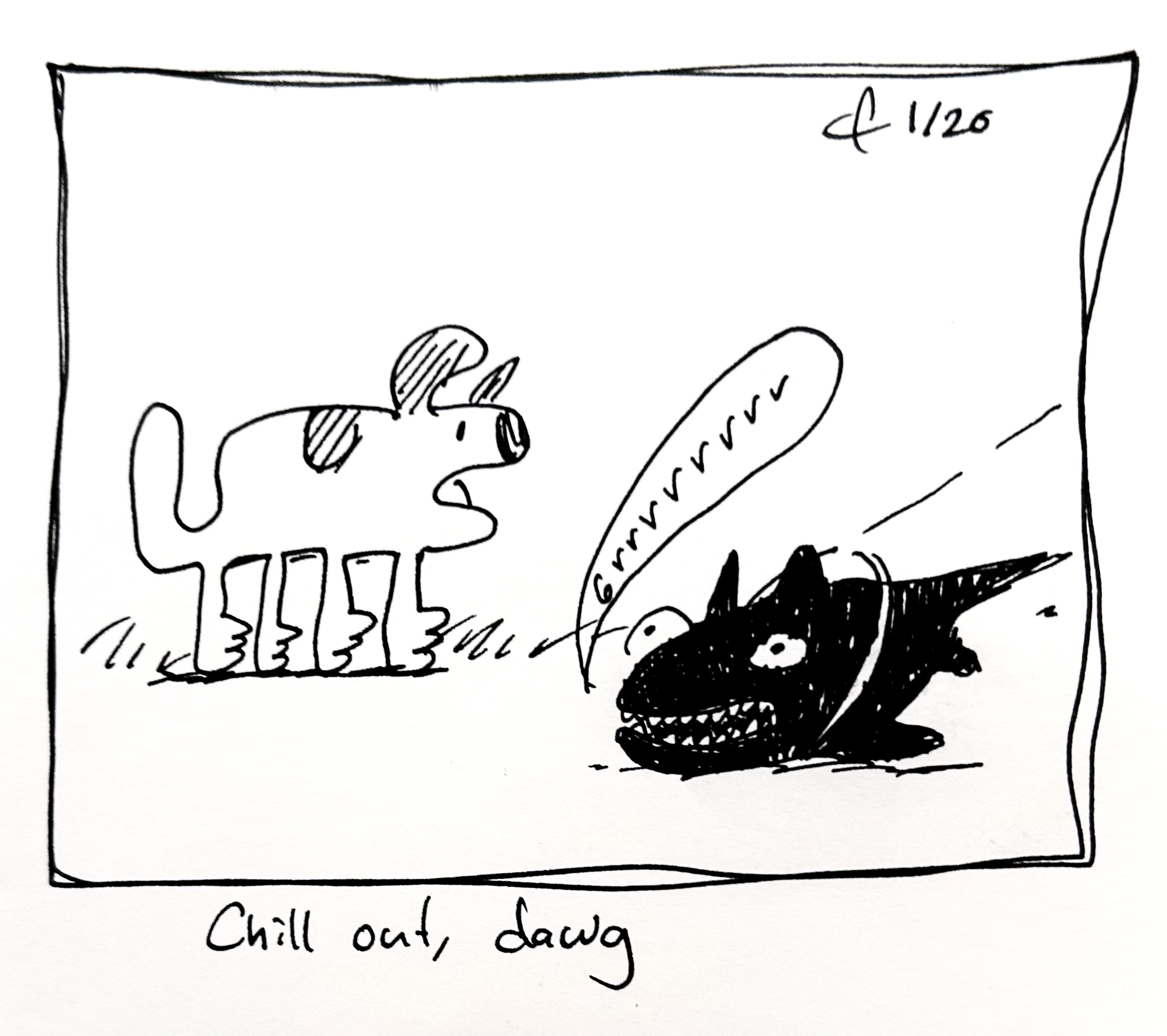 The very good dog looks at David Lynch's Angriest Dog in the World. The caption reads "chill out, dawg"