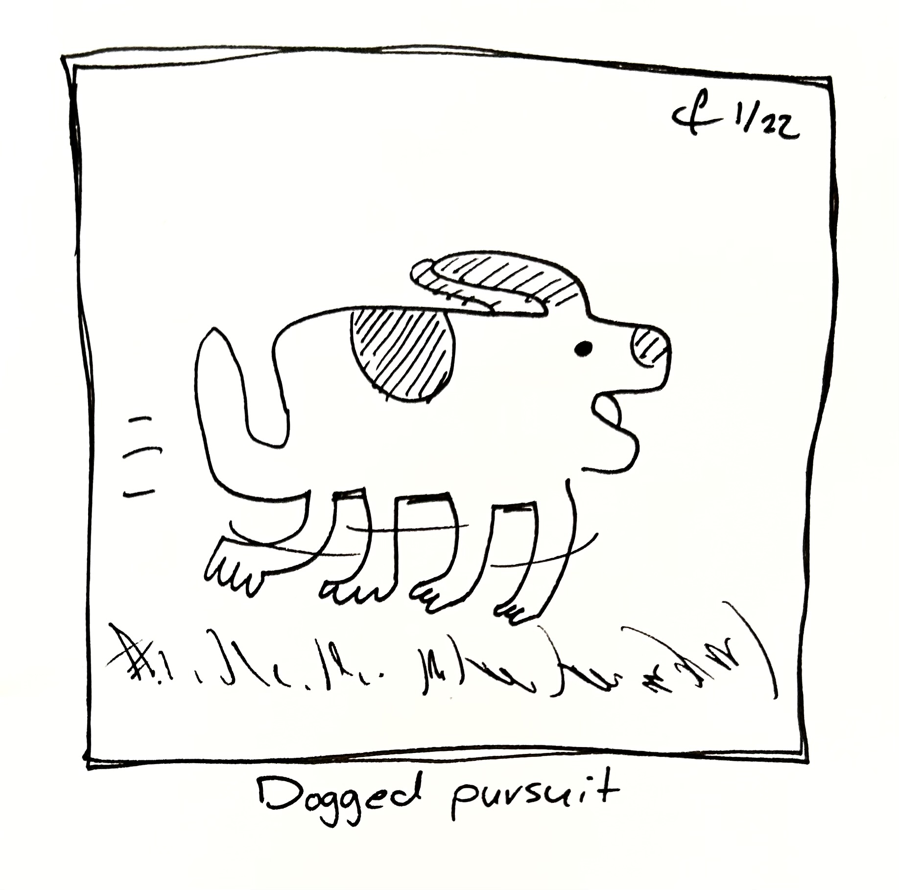 The good dog is running. The caption reads "dogged pursuit"