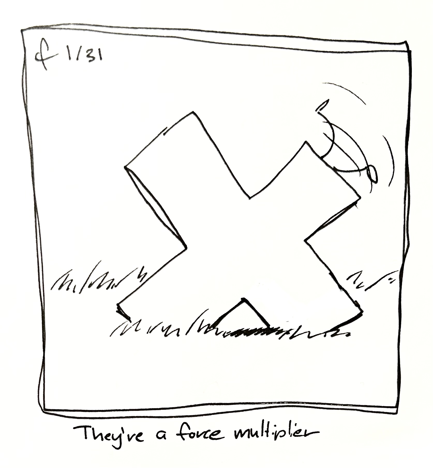 The plus guy has tilted over into an "x" shape. Their legs are scurrying, trying to get standing again. The caption reads "They're a force multiplier"