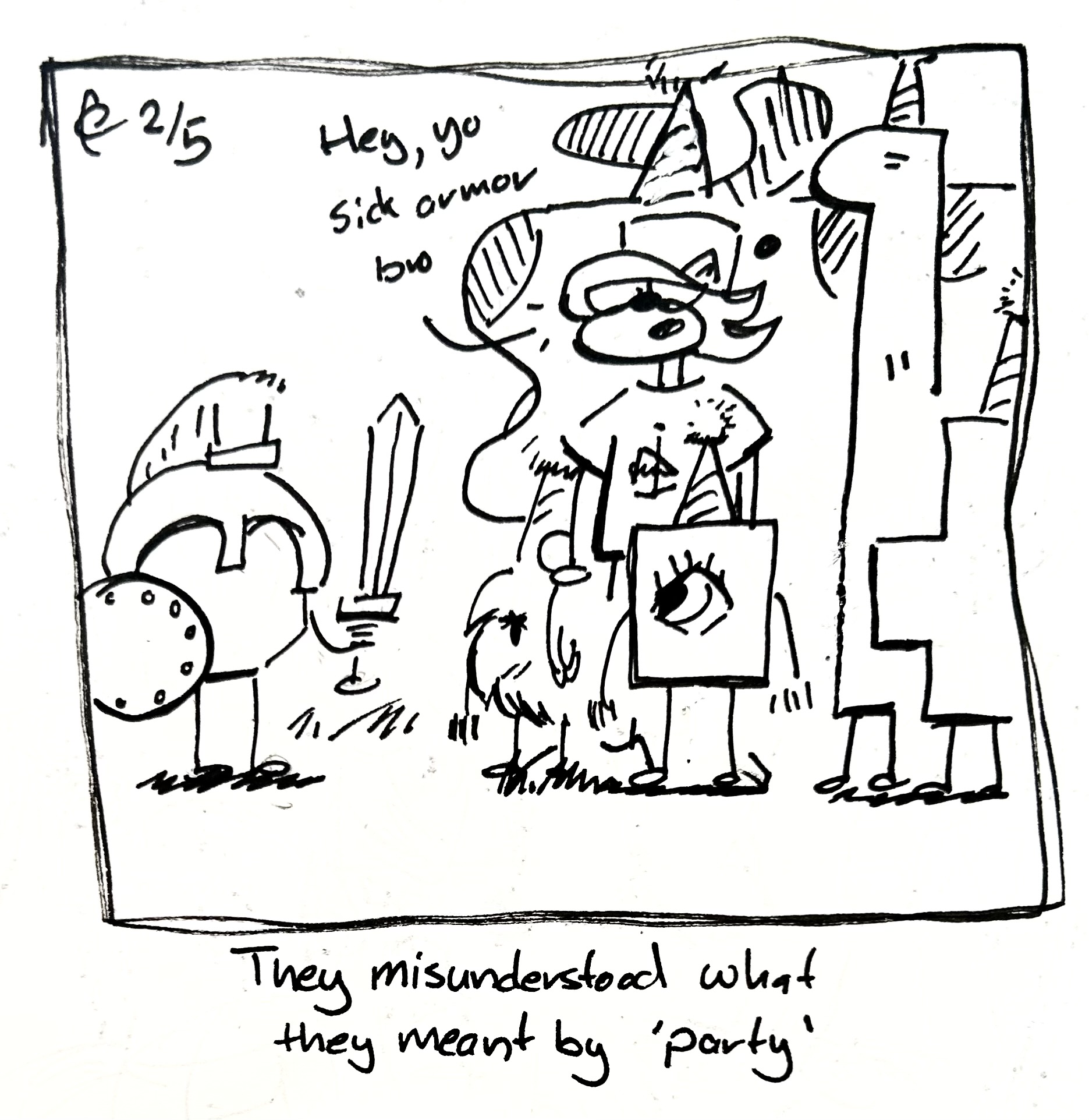 Everyone stands around in party hats looking at the Warrior, who just arrived and is wearing armor like an RPG hero. The caption reads "They're only functioning misunderstood what they meant by 'party'"