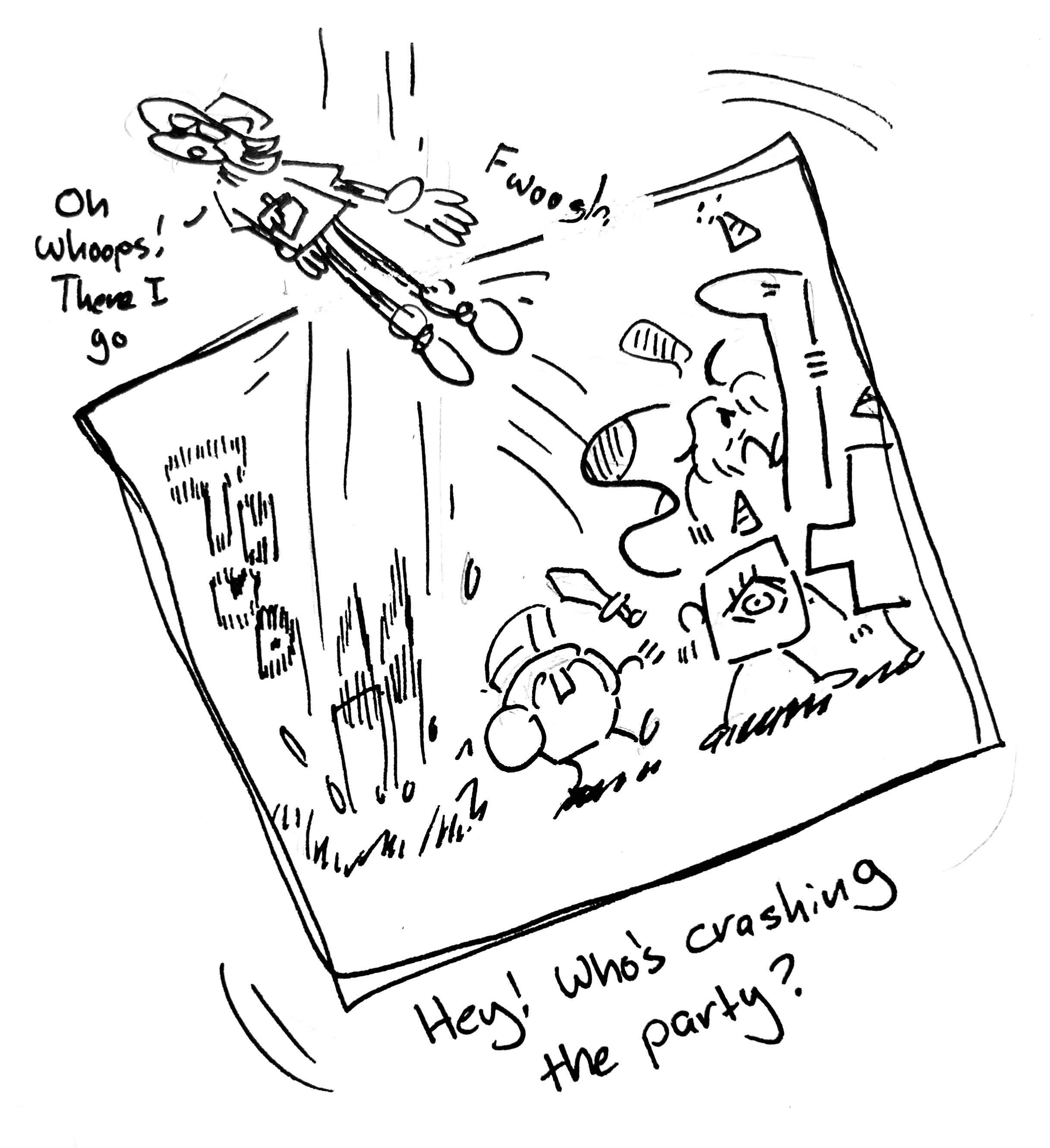 Something crashes into the comic and lands with a thud, knocking the panel askew and everyone off balance. Vape shadow is sent flying, saying "oh whoops! there I go!" Only The Mercenary seems prepared, having leapt onto The Tall One. The caption reads "Hey! Who's crashing the party?"