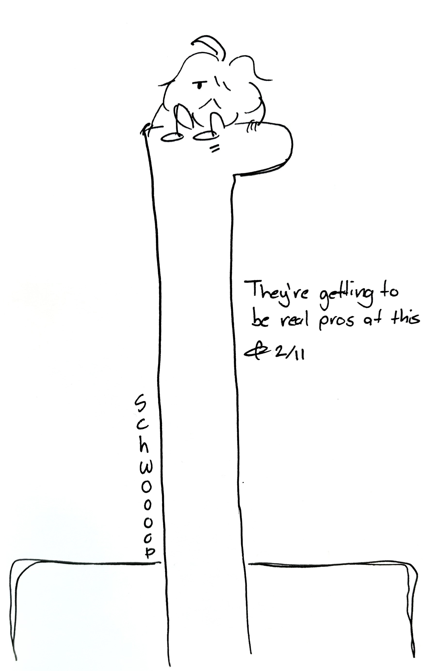 The mercenary schwoops out of the panel on top of the tall one. The caption reads "They're getting to be real pros at this