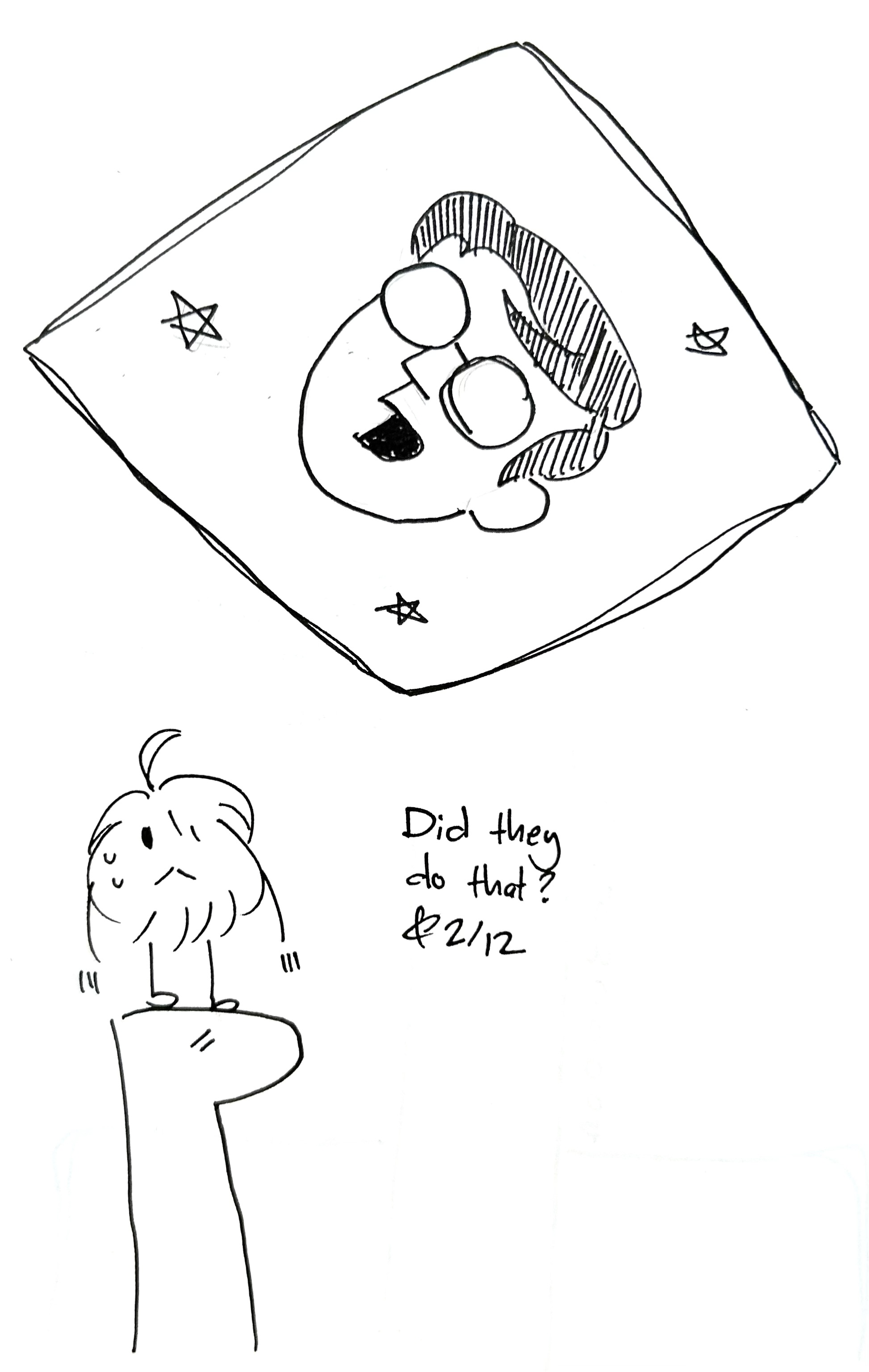 The mercenary looks nervously at the panel that previously had the Tár dystopia. It has now completely transformed into Scott McCloud, who the mercenary threw there earlier. The caption reads "did they do that?"