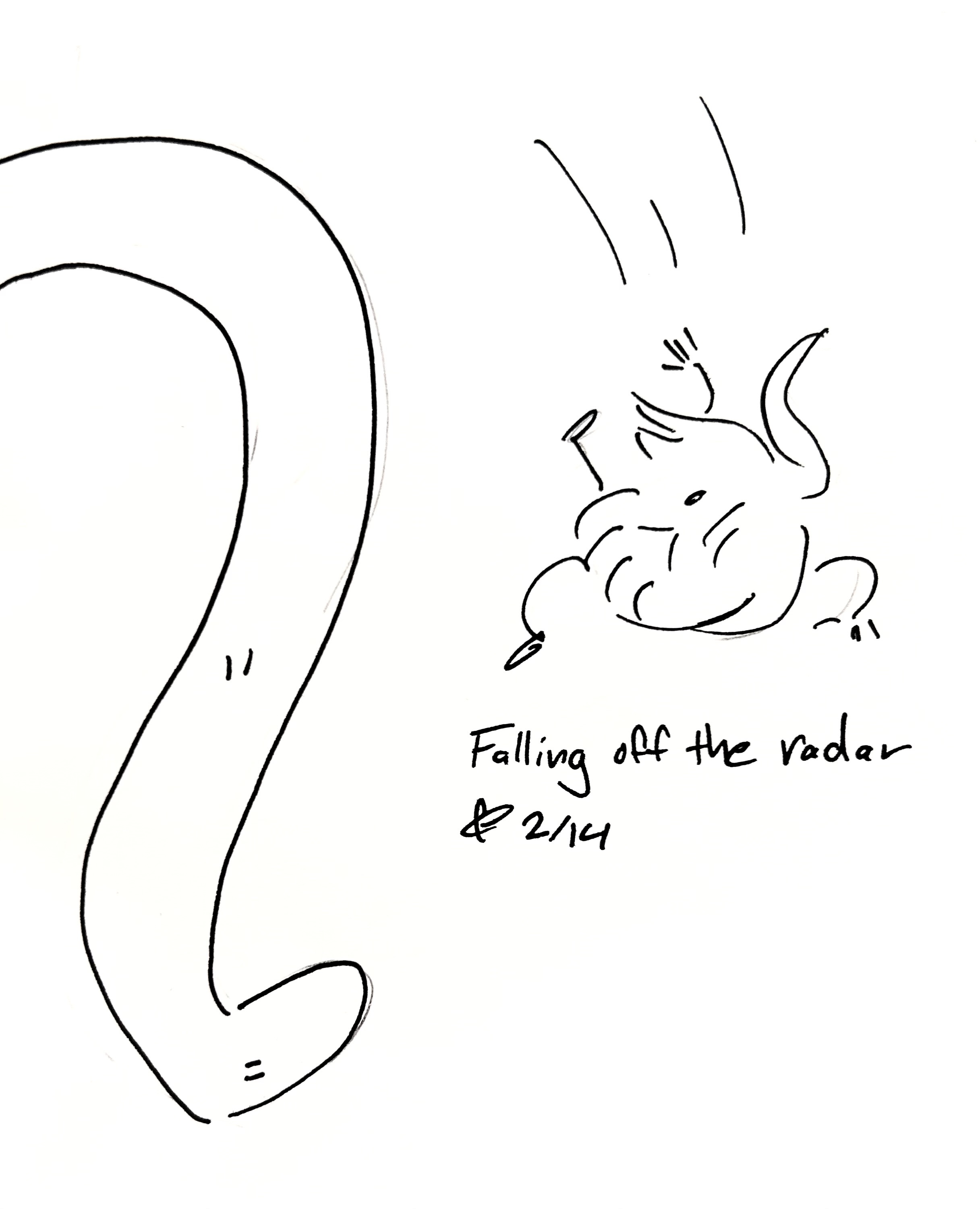 The wide one knocking into the tall one causes both the tall one and the mercenary to fall out if the panel. The caption reads "Falling off the radar"