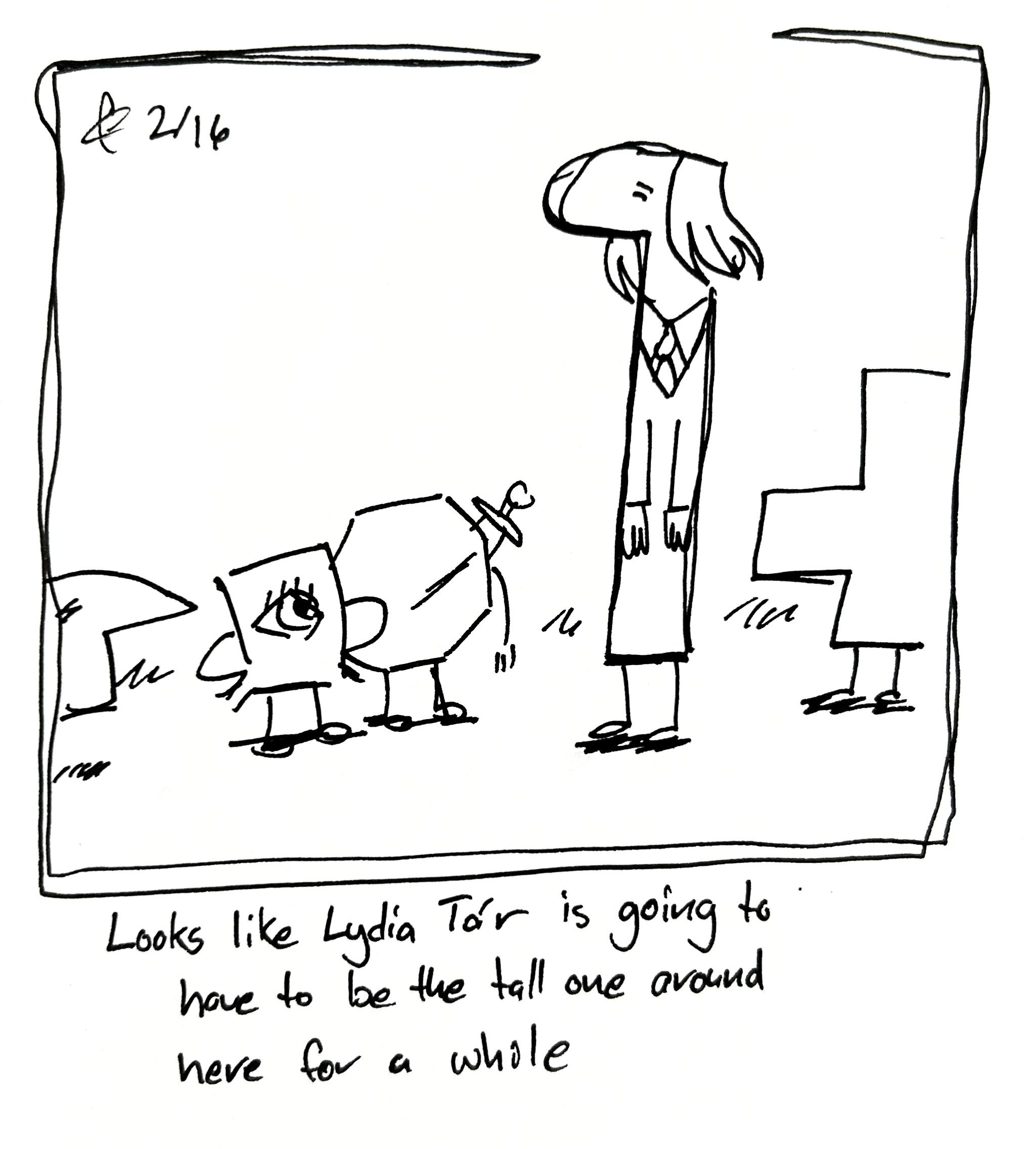 Everyone looks on at Lydia Tár, who's been scrunched up to look like the Tall One. There's a hole in the panel where the Tall One and the Mercenary fell through. The caption reads "Looks like Lydia Tár is going to be the tall one around here for a while"