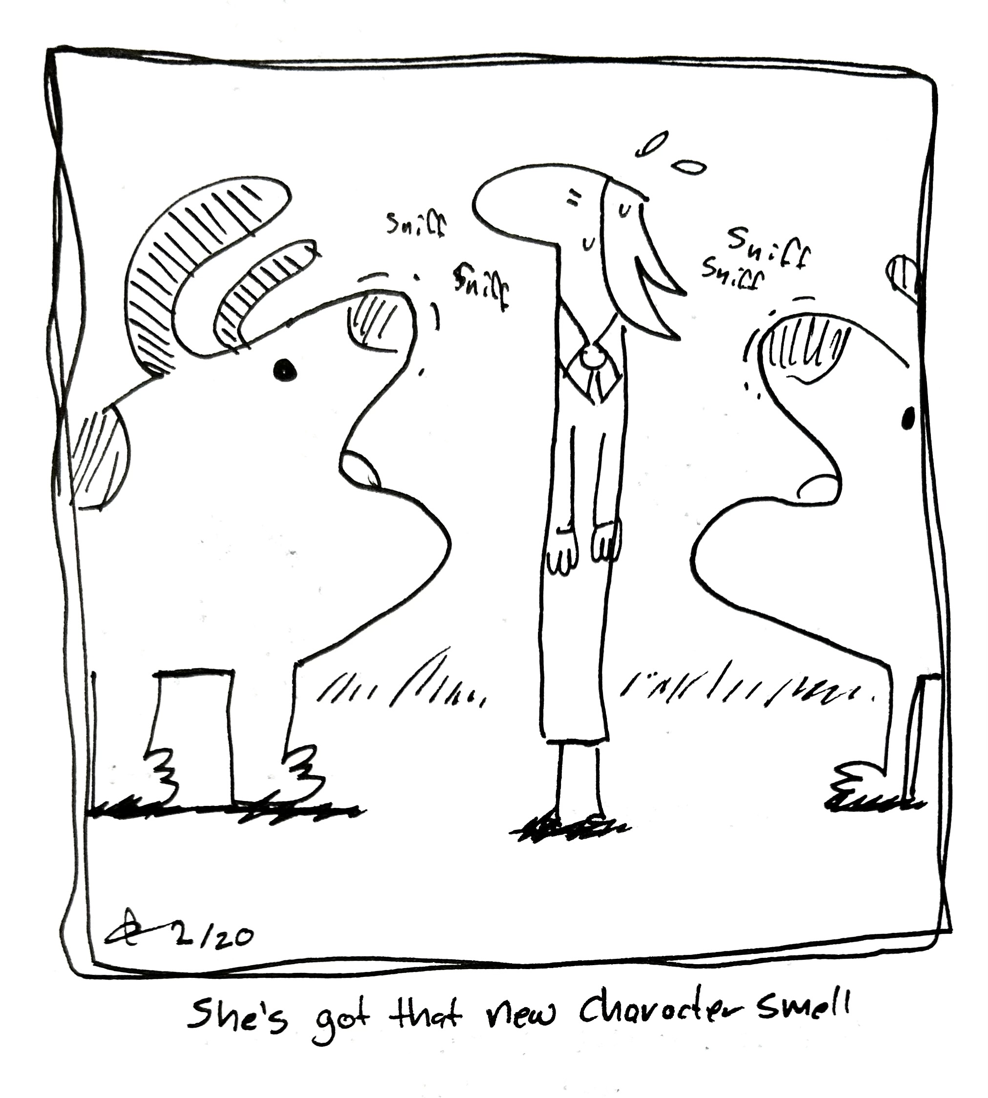 Two good dogs sniff at the Lydia Táll One, who sweats nervously. The caption reads "she's got that new character smell"