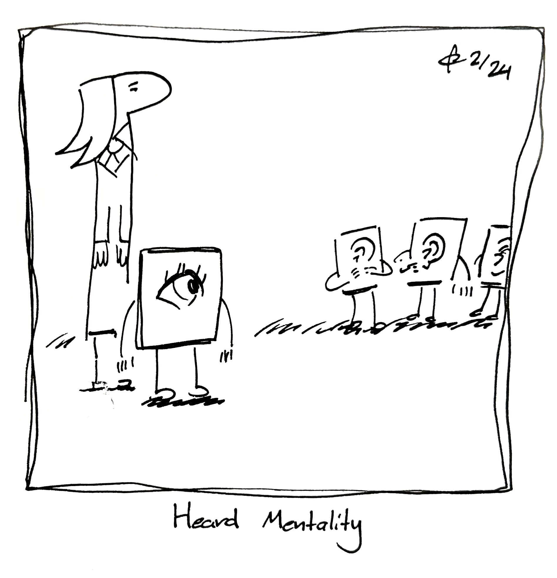 The Lydia Táll one and the Little Guy look over at a group of Ear Cousins snickering to themselves. The caption reads "Heard mentality"