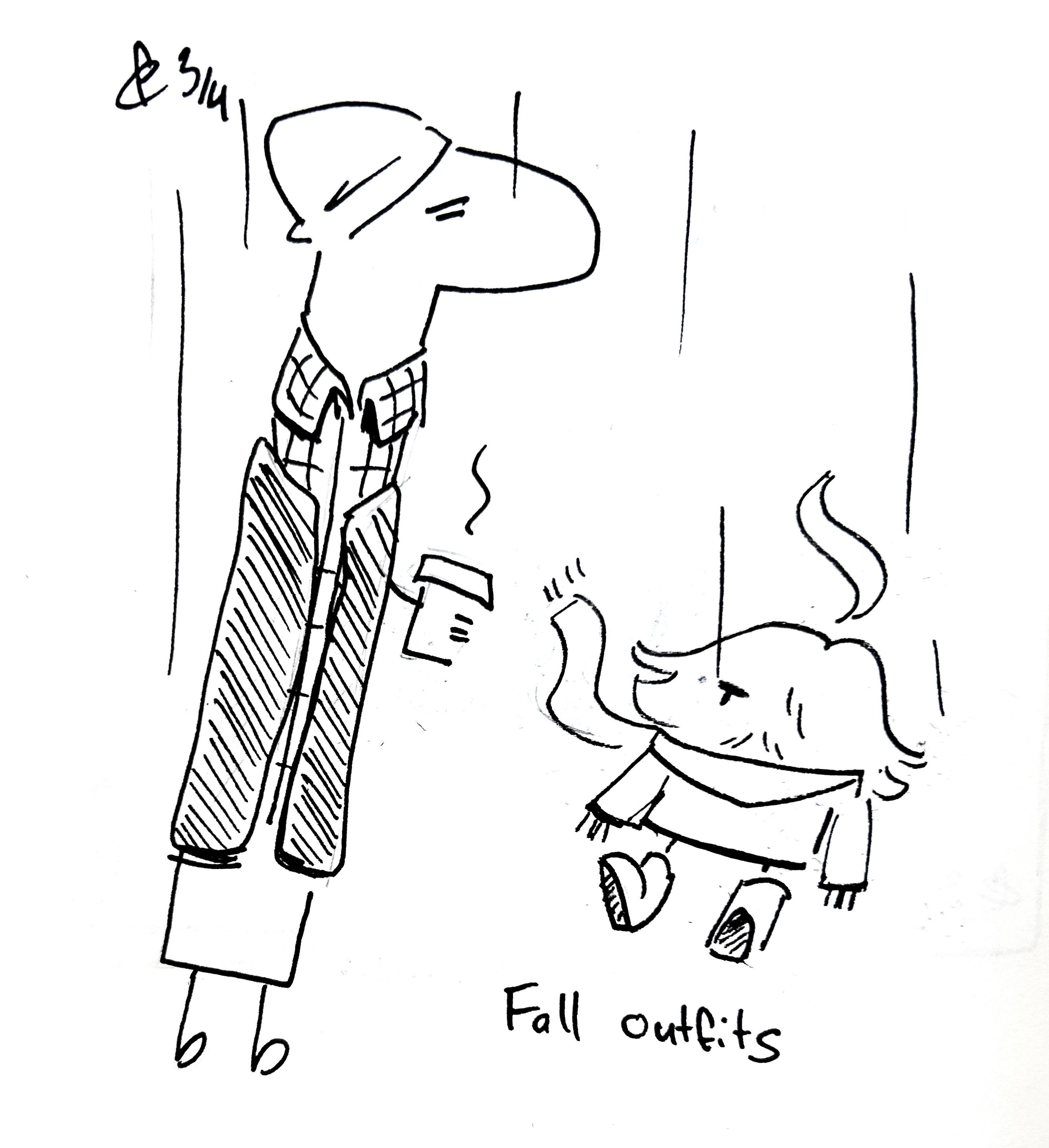 The Tall One and the mercenary continue falling but in cozy autumnal clothes. The caption reads "fall outfits"