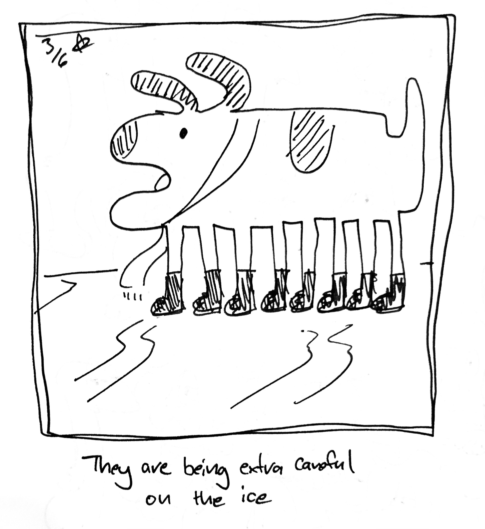 The very good dog is still wearing boots, but they have 8 legs and are standing on some ice. The caption reads "they are being extra careful on the ice"