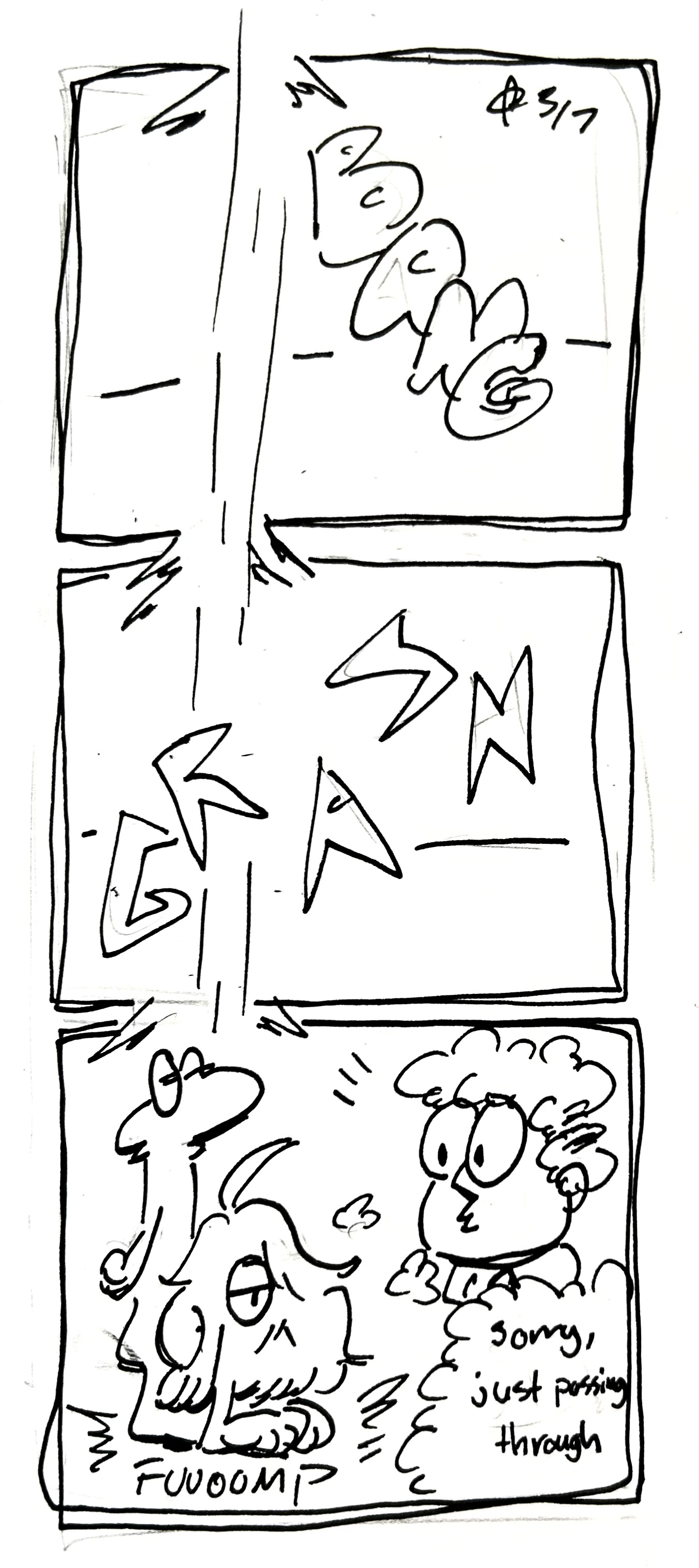 3 panels: The Mercenary and the Tall One crash through 2 panels with a BANG and a CRASH. On the last panel, they land with a FWOOMP drawn in the Garfield style as John Arbuckle looks surprised. The Mercenary thinks "sorry, just passing through"