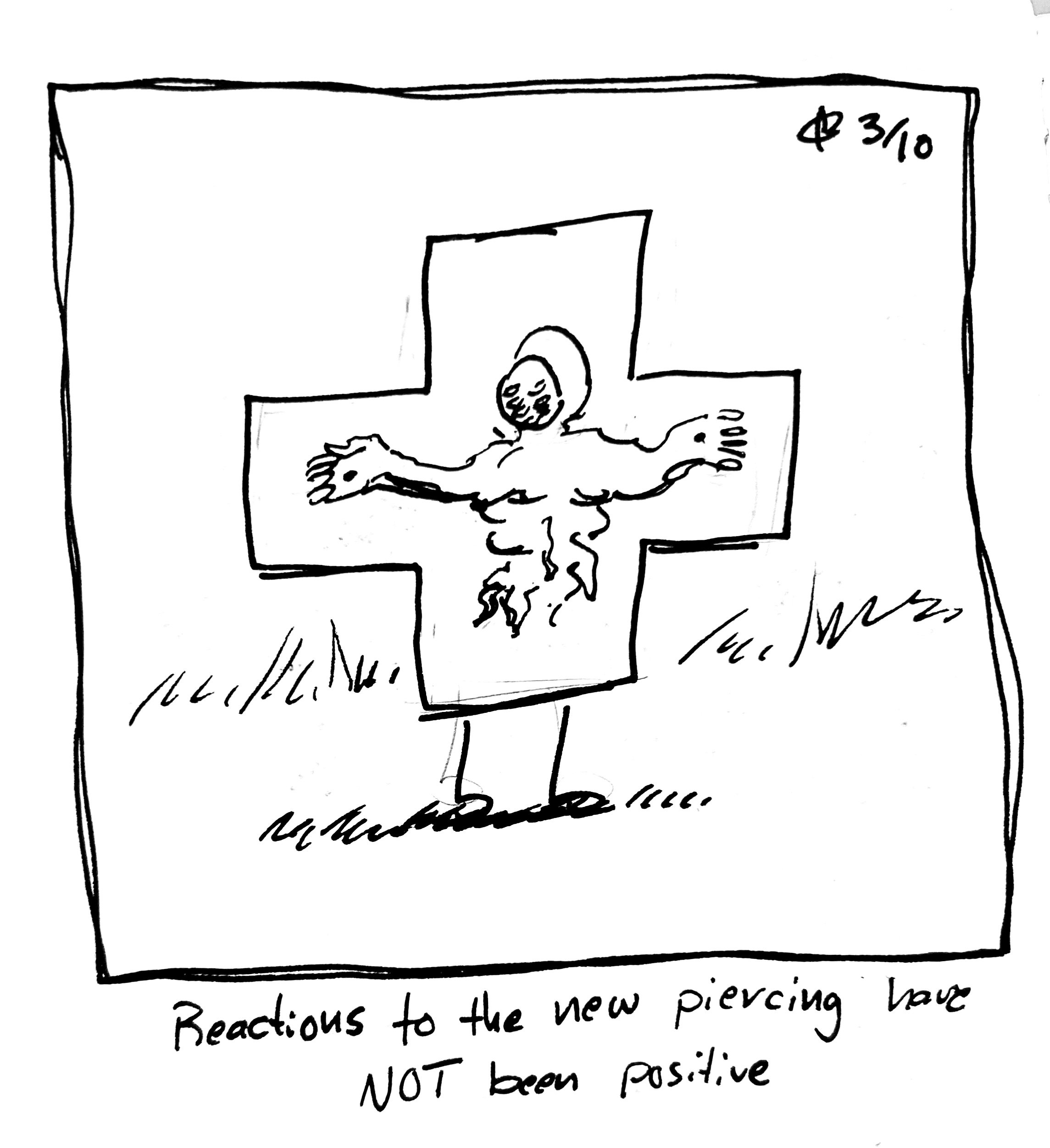 Lilith from Evangelion (spoilers) is nailed to the plus guy. The caption reads "Reactions to the new piercing have NOT been positive"