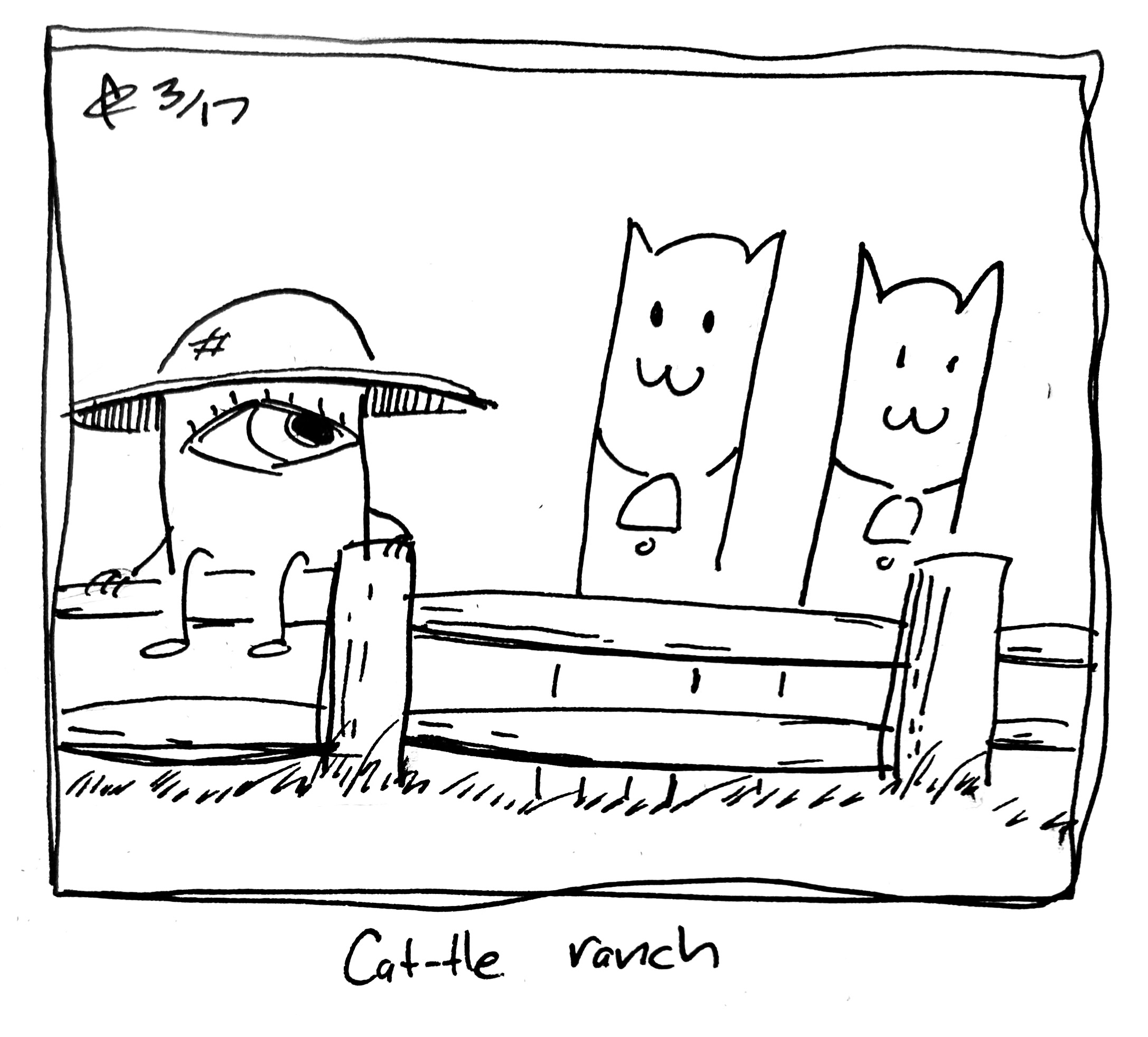 The little guy with a straw hay sits on a wooden fence, behind which two cats wearing cowbells are grazing. The caption reads "Cat-tle ranch"