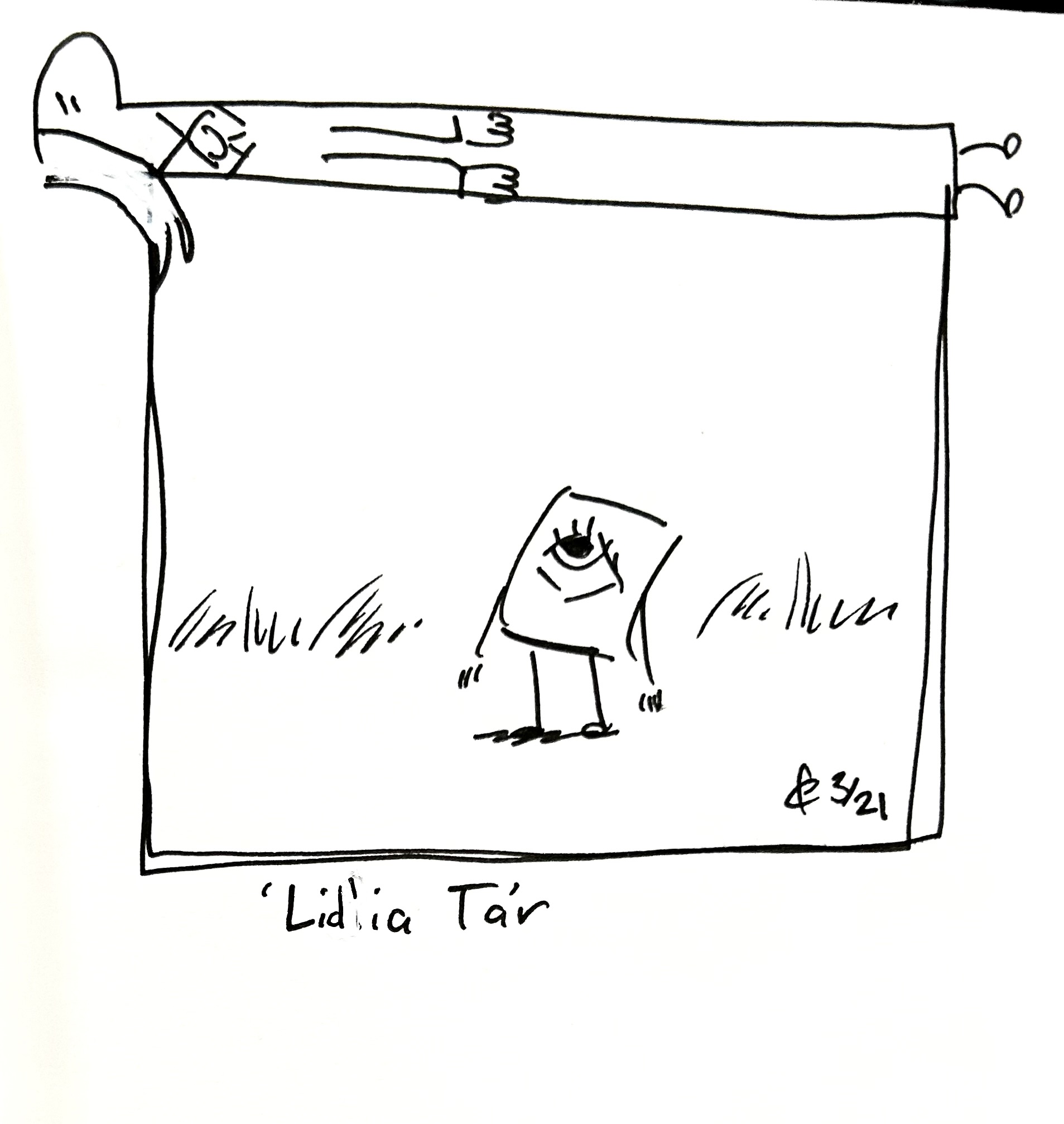 The Lydia Táll One lies across the top of the panel as the Little Guy looks on. The caption reads "'Lid'ia Tár"