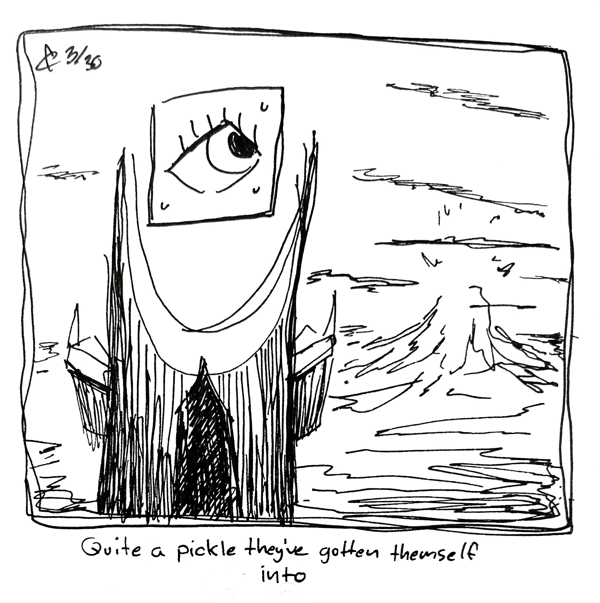 The little guy stands atop Sauron's tower from Lord of the Rings looking nervous. The caption reads "Quite a pickle they've gotten themself into"