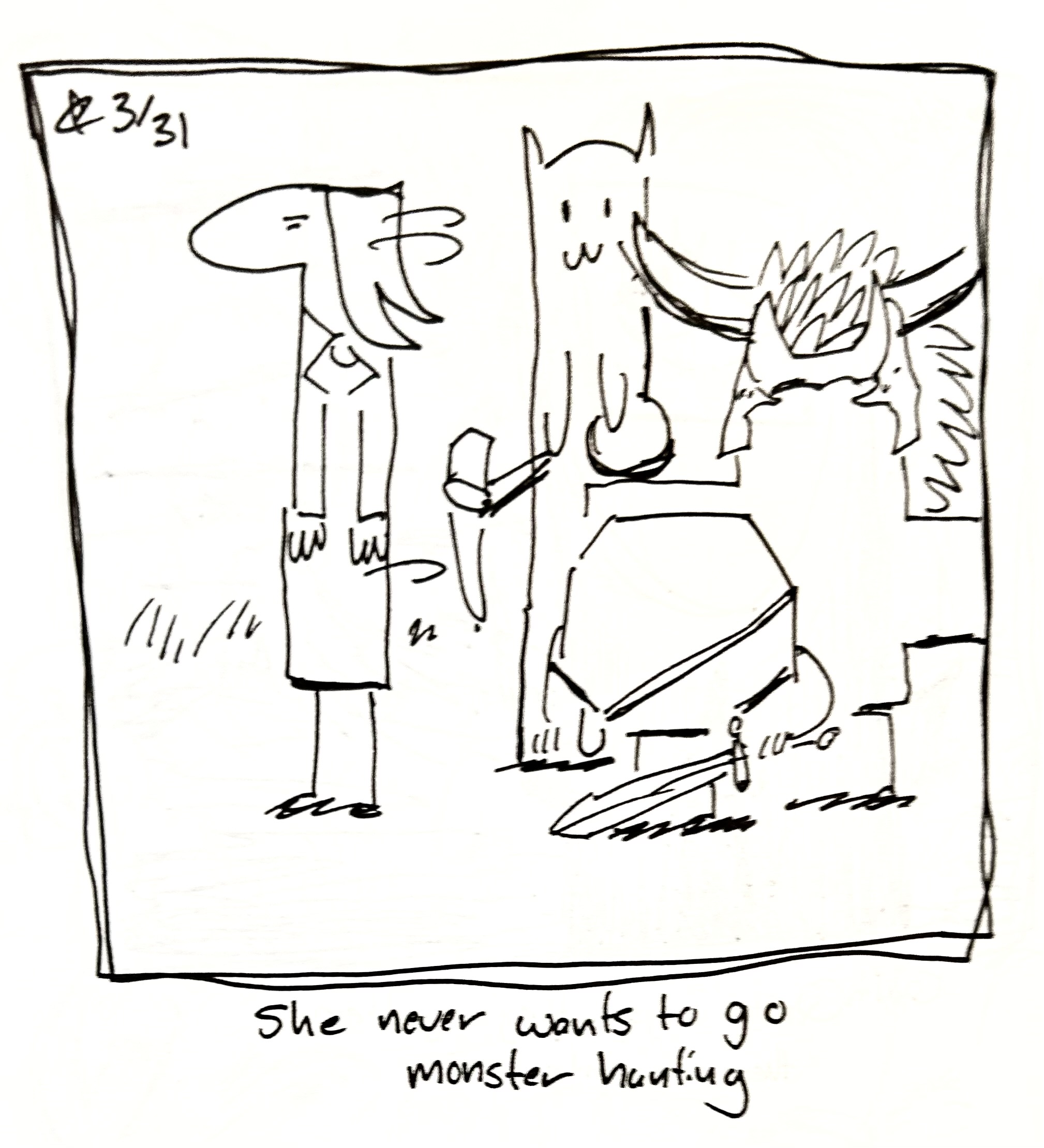 Lydia Tár turns around annoyed at the Cat, the Plus Guy, and the Warrior all decked out in monster hunting gear. The caption reads "She never wants to go monster hunting"