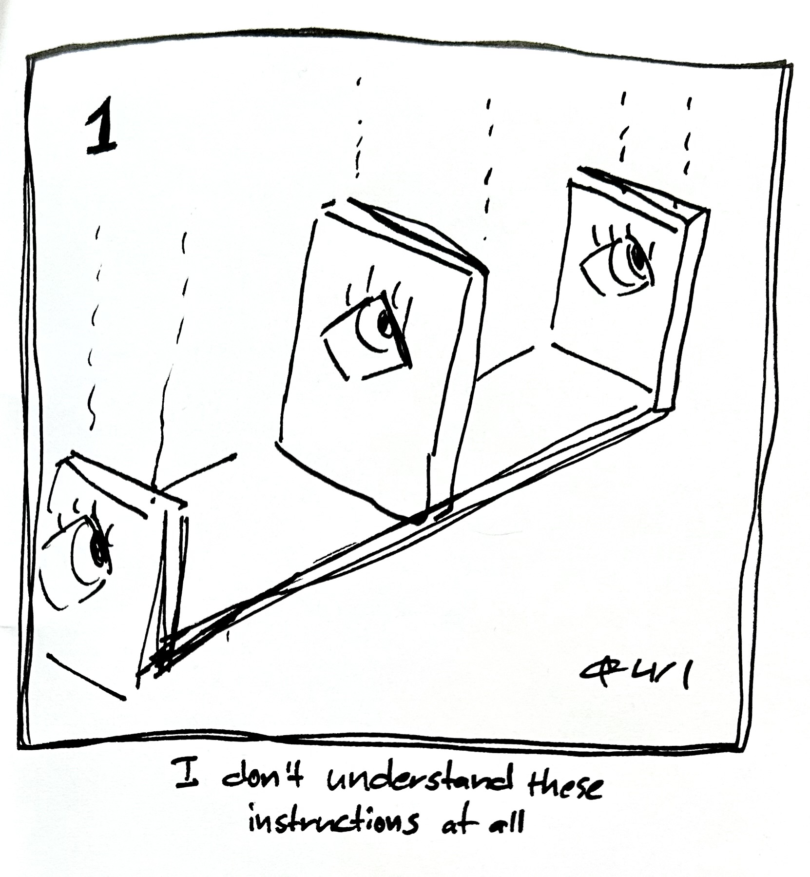 3 little guys on a board like IKEA instructions. The caption reads "I don't understand these instructions at all"