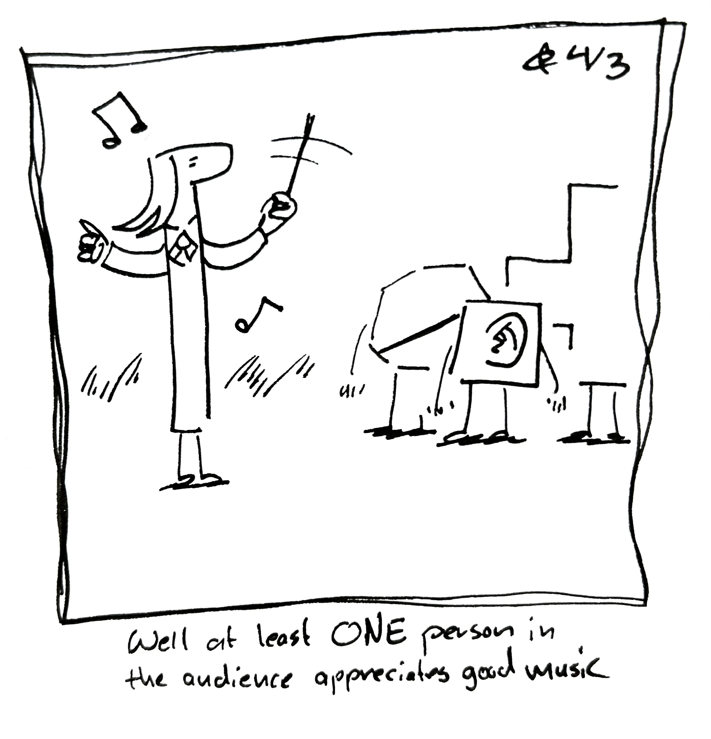 the Lydia Táll One conducts music for the Ear Cousin, the Warrior, and the Plus Guy. The caption reads "well at least ONE person in the audience appreciates good music"
