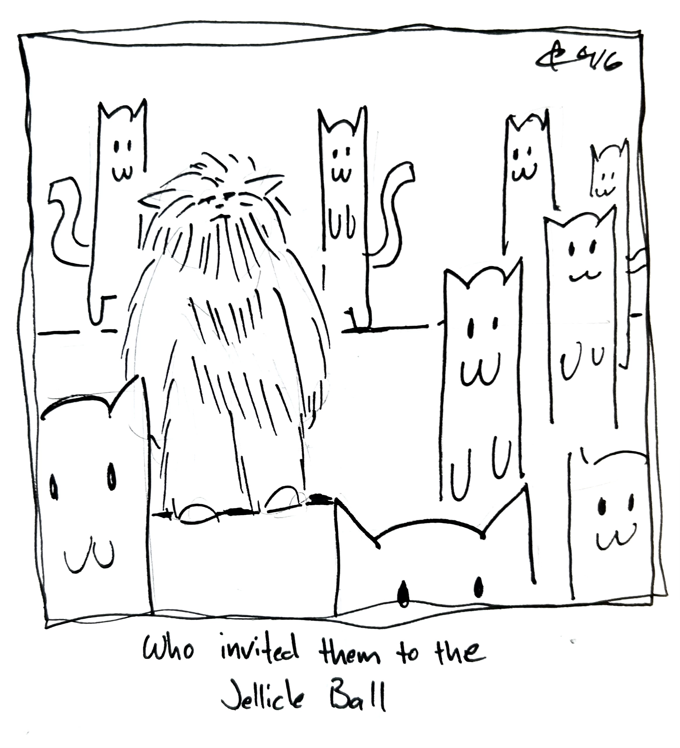 Old Deuteronomy stands amidst a bunch of cats looking tired. The caption reads "Who invited them to the Jellicle Ball"