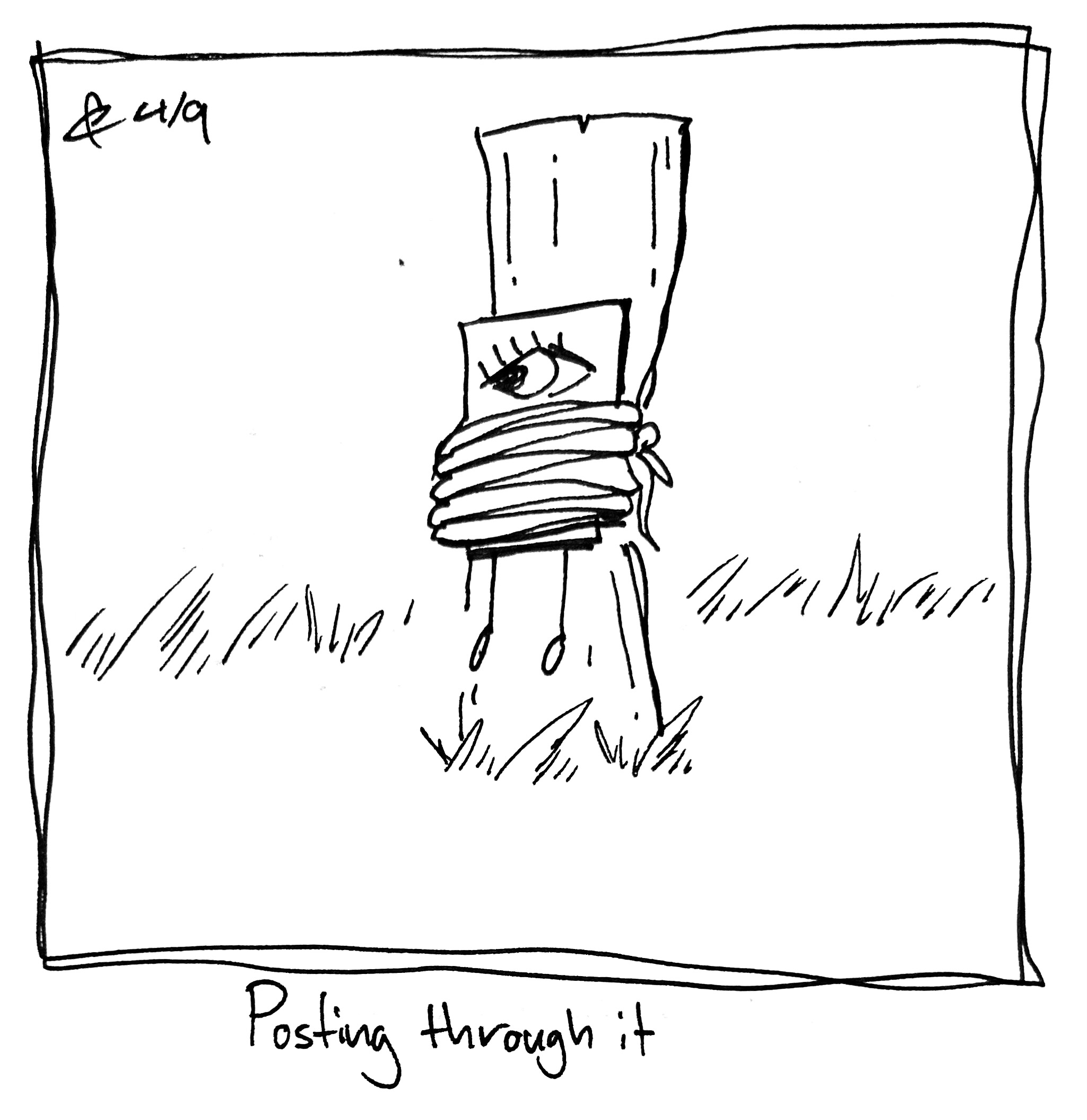 The little guy is tied to a post. The caption reads "posting through it"