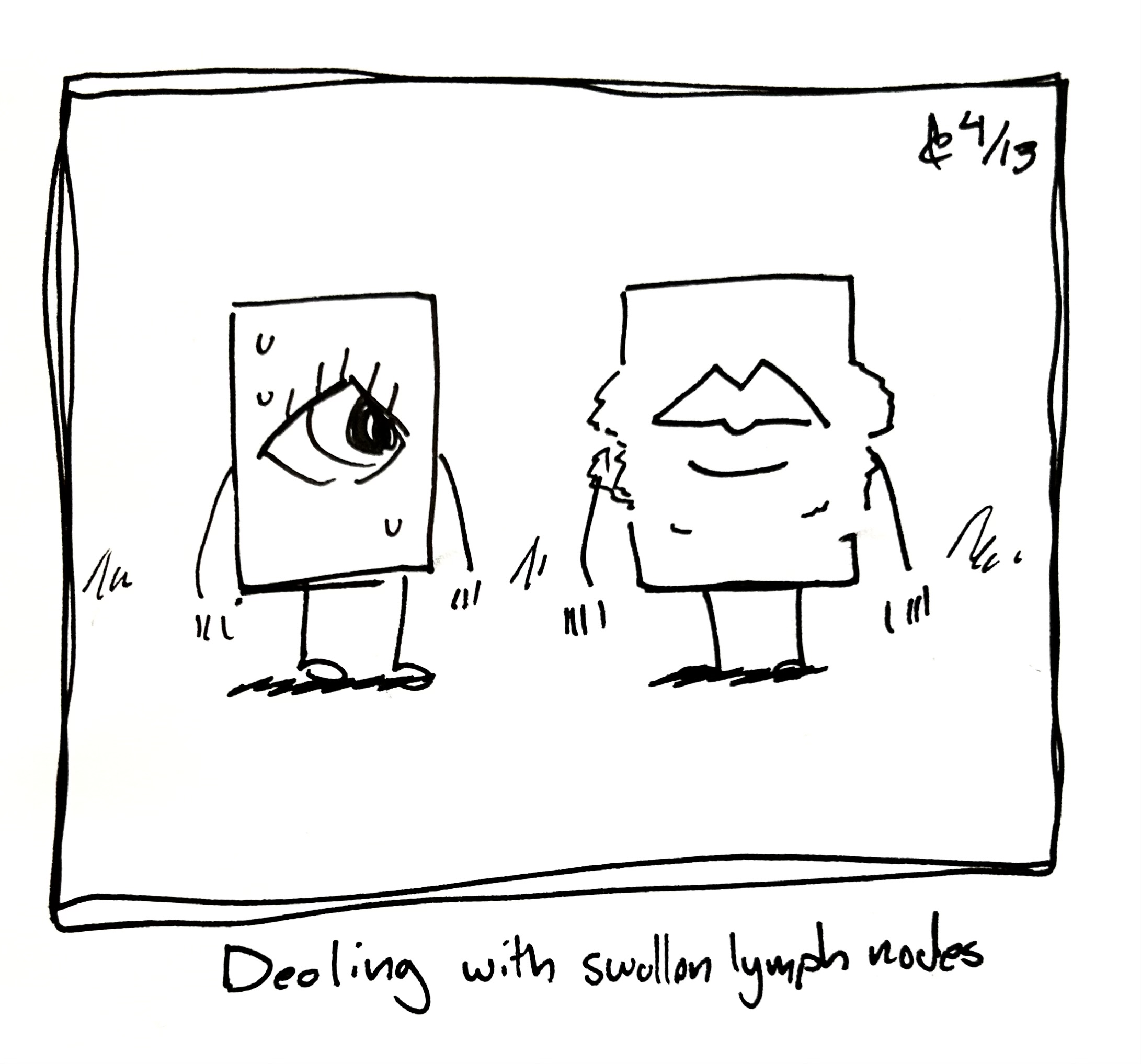 The little guy sweats looking at the mouth cousin, who has some swelling. The caption reads "Dealing with swollen lymph nodes"