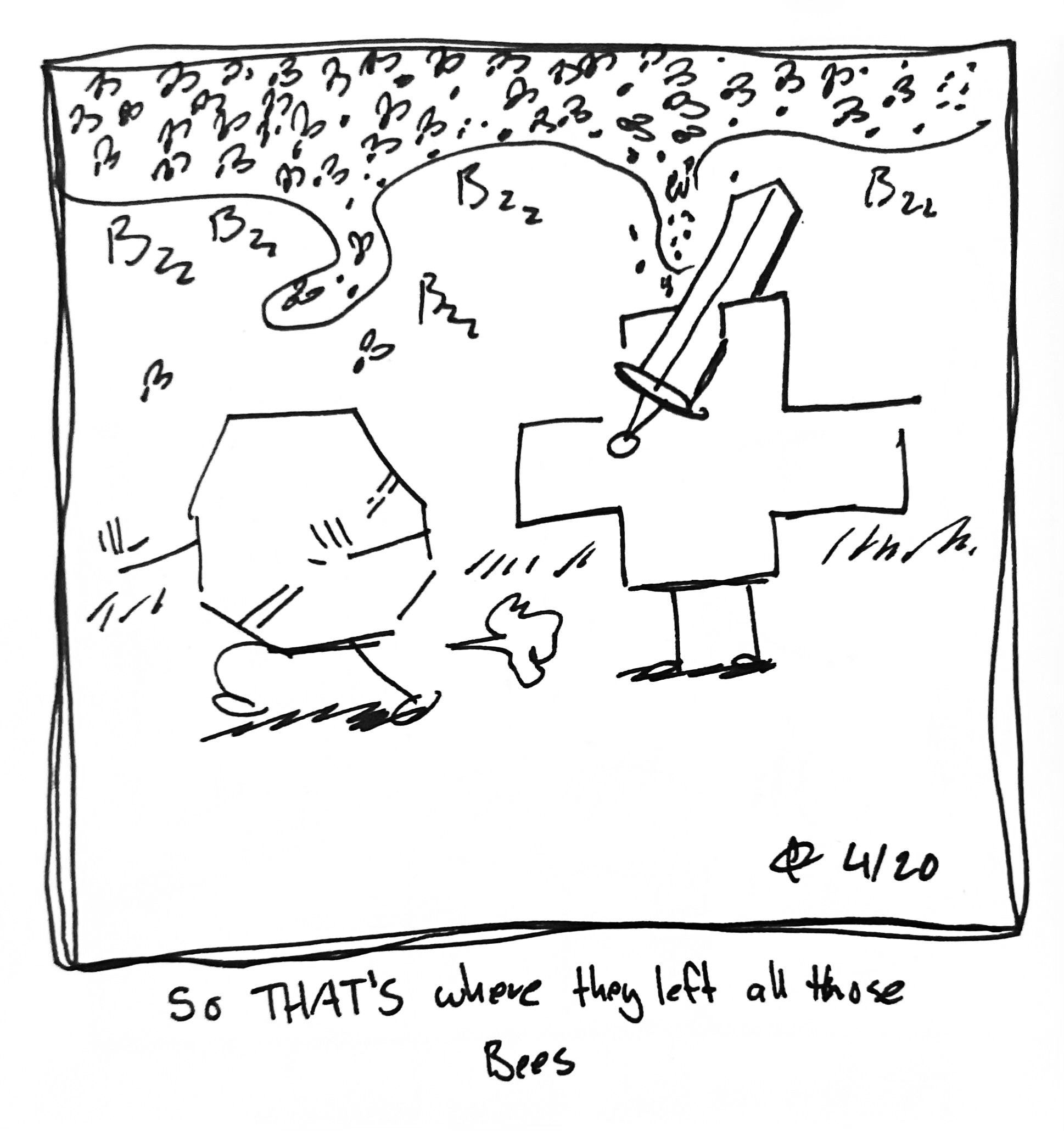 The Warrior runs away from the Plus Guy because, after hitting them with their sword, a bunch of bees started flying out. The caption reads "So THAT'S where they left all those bees"