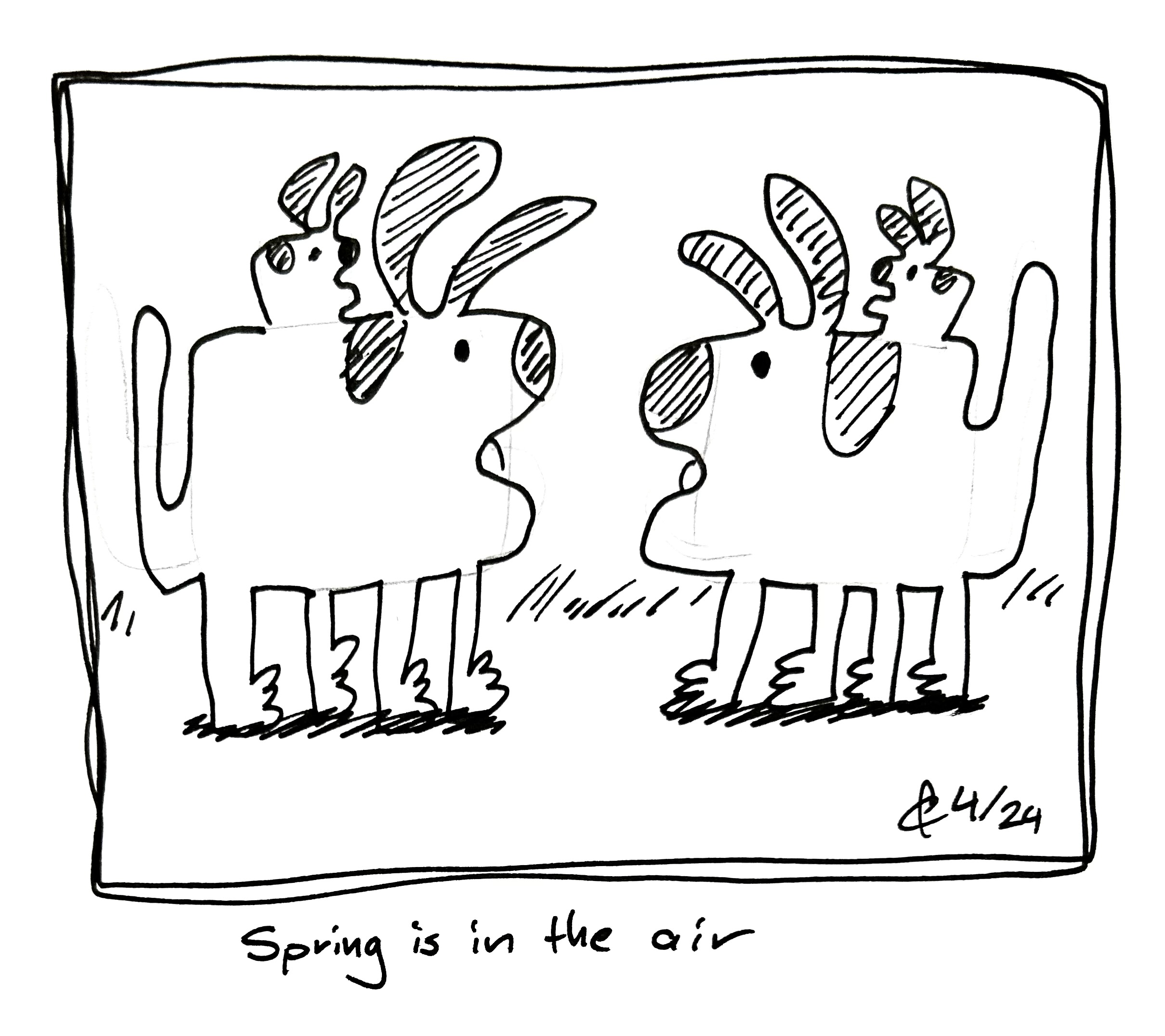 The two very good dogs. They are budding smaller dogs out of their backs. The caption reads "Spring is in the air"