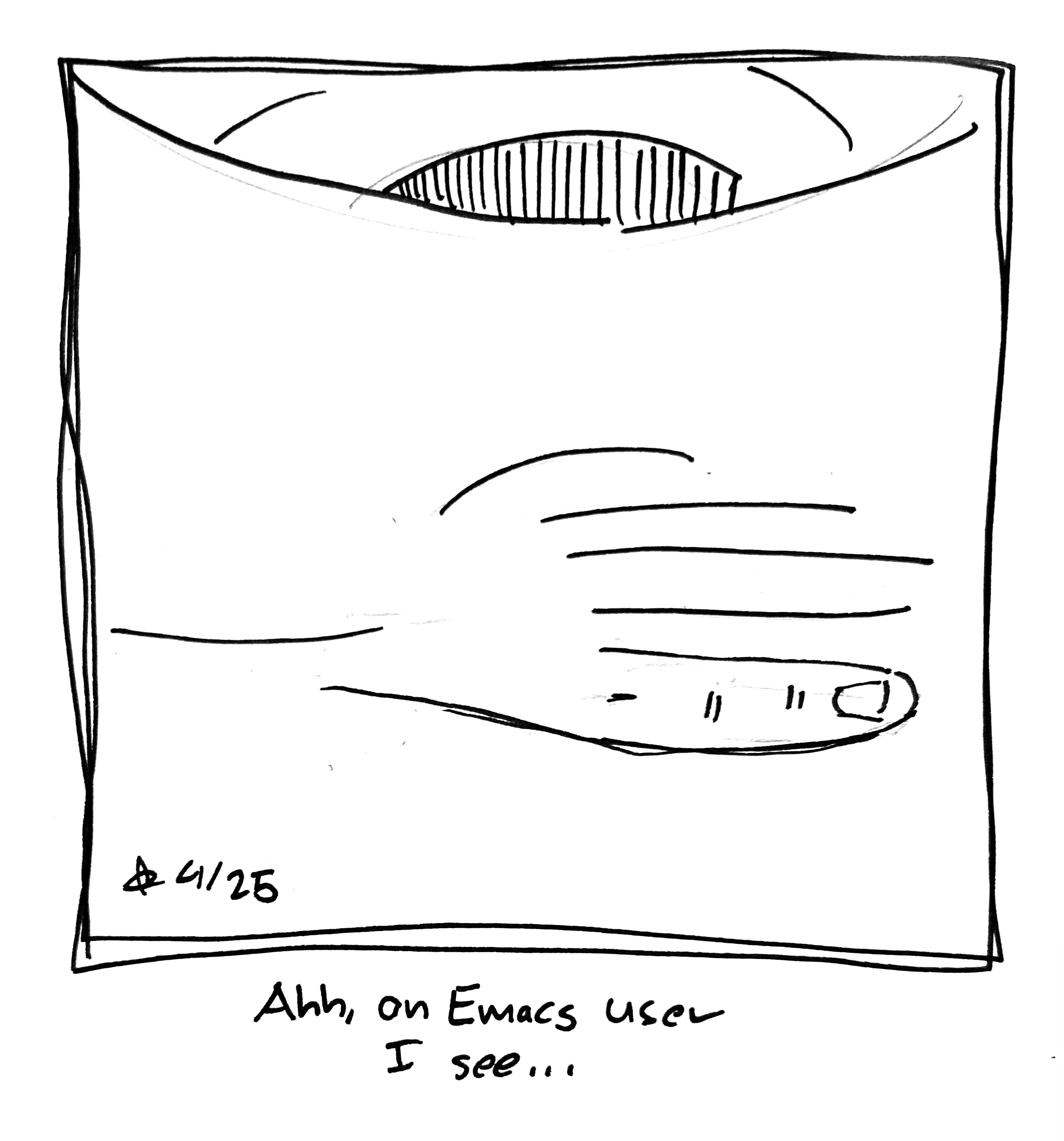 The little guy looks at their hand with a large, detailed pinky finger. The rest are the usual sticks. The caption reads "Ahh, an Emacs user I see..."
