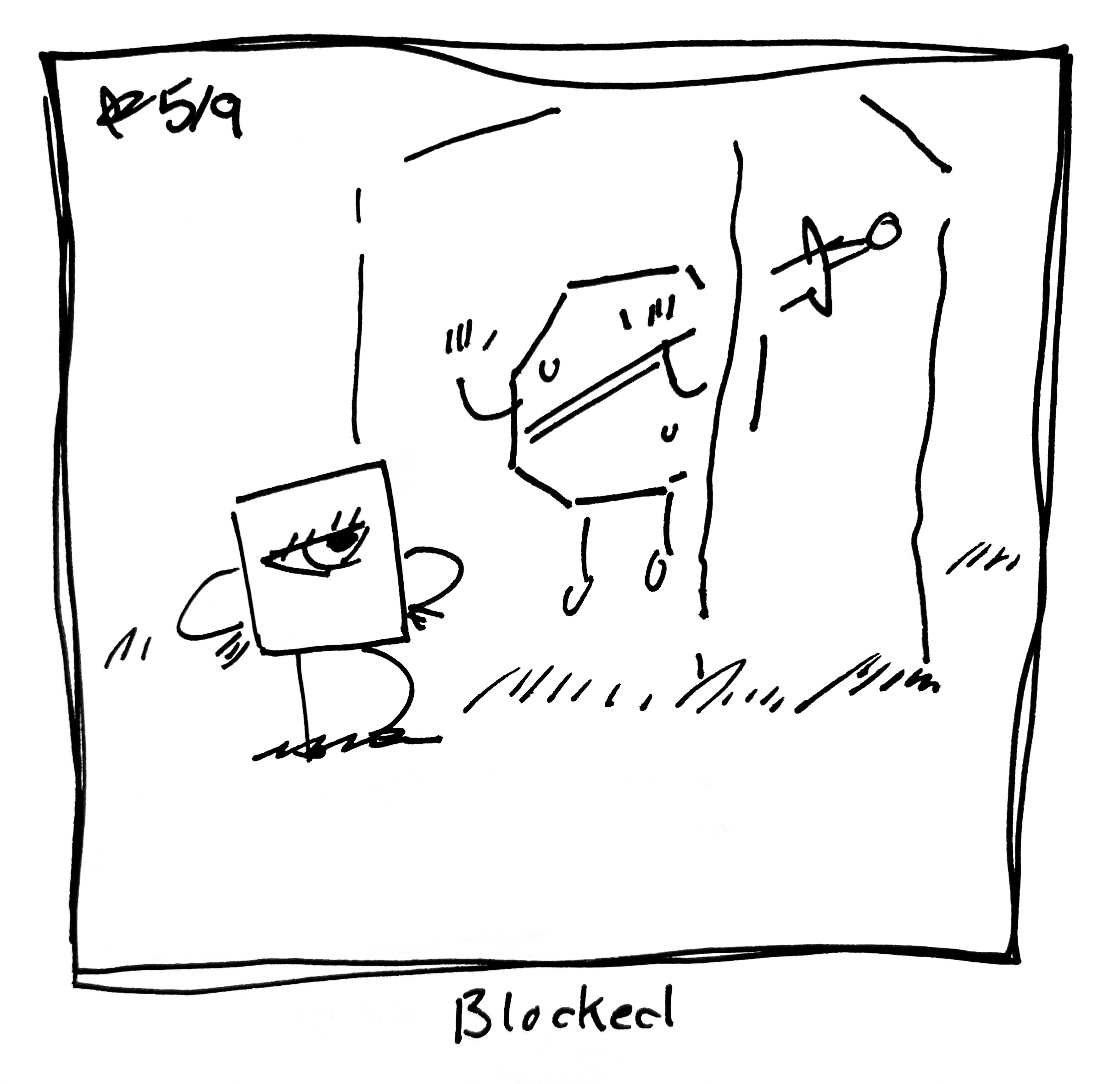 The little guy looks smugly at the warrior, who's trapped in a block. The caption reads "blocked"