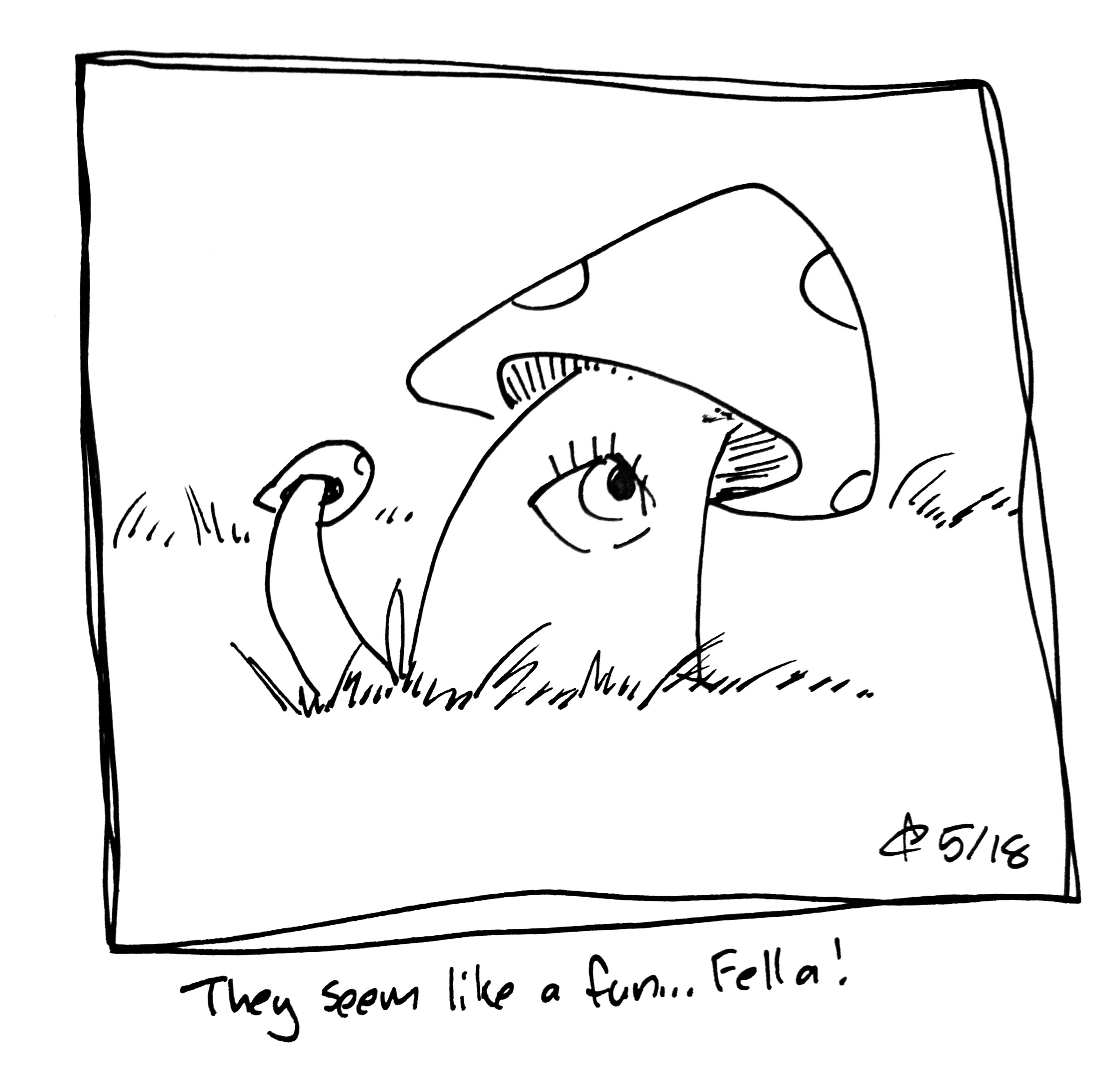 The little guy is a mushroom. The caption reads "They seem like a fun...Fella!"