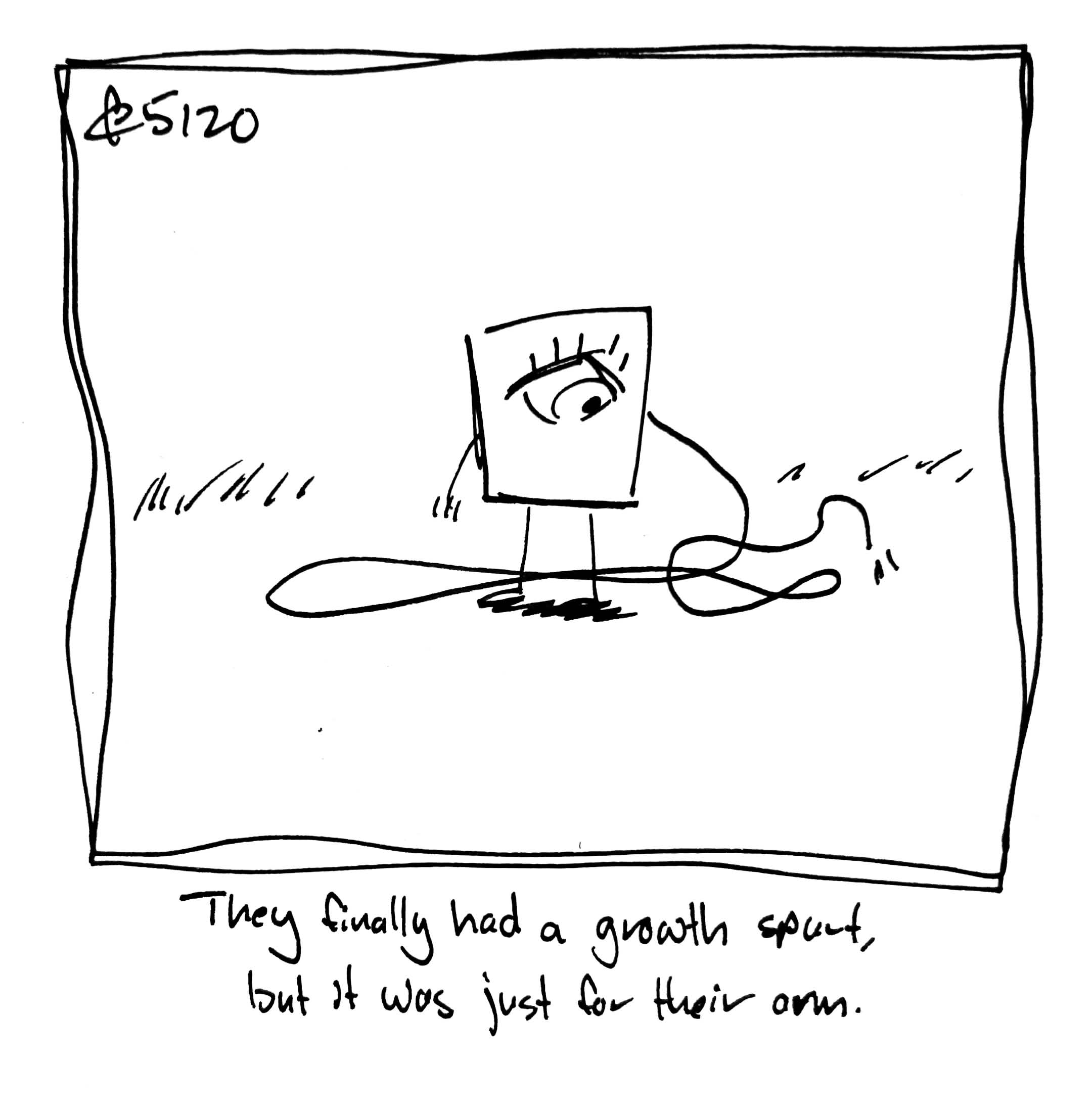 The little guy looks at their left arm, which is grown really long and tangled. The caption reads "They finally had a growth spurt, but it was just for their arm"