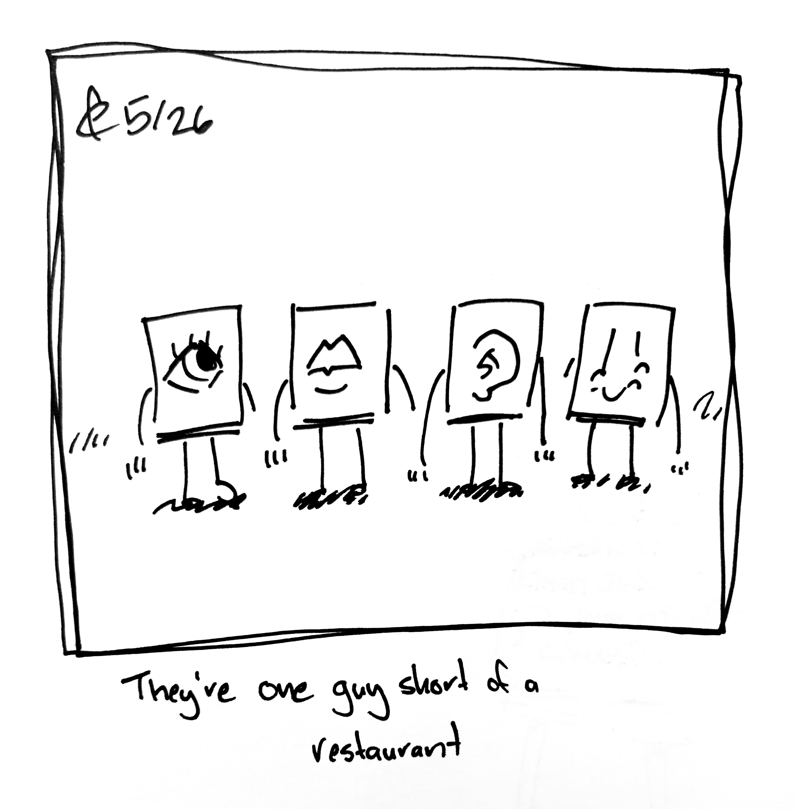 The four little guy cousins stand in a row. The caption reads "They're one guy short of a restaurant"